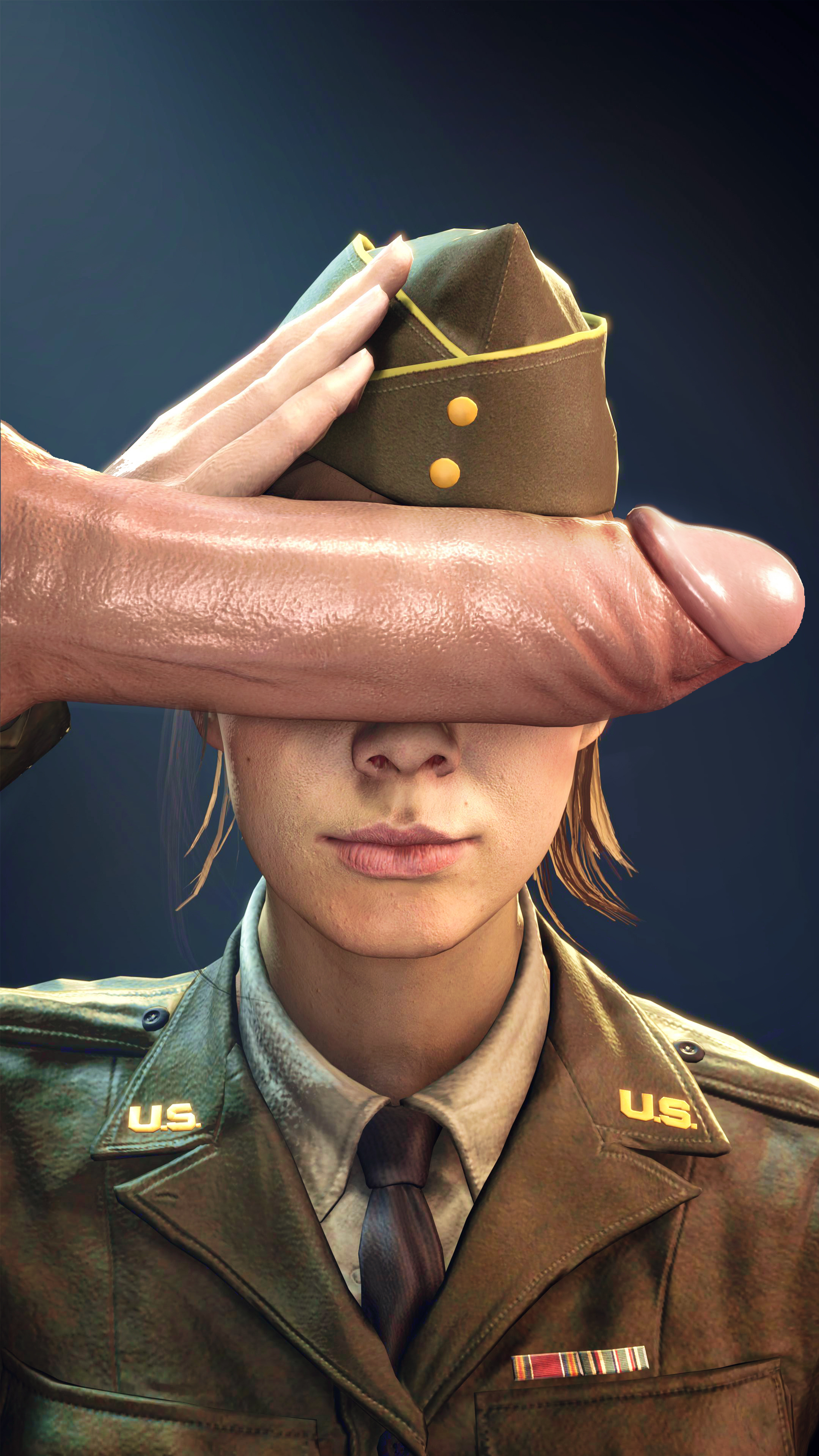 1girls, 3d, abstract background, akatomasu, beret, big penis, blue eyes, brown hair, call of duty, call of duty ww2, cant see the haters, corporal green, female, fully clothed, hat, hi res, highres, light skin, light-skinned female, light-skinned male, looking at partner, looking away, looking to the side, looking up, male, military, military hat, military jacket, military uniform, necktie, penis, penis covering eyes, penis on face, salute, saluting, soldier, source filmmaker, suit, tie, world war 2