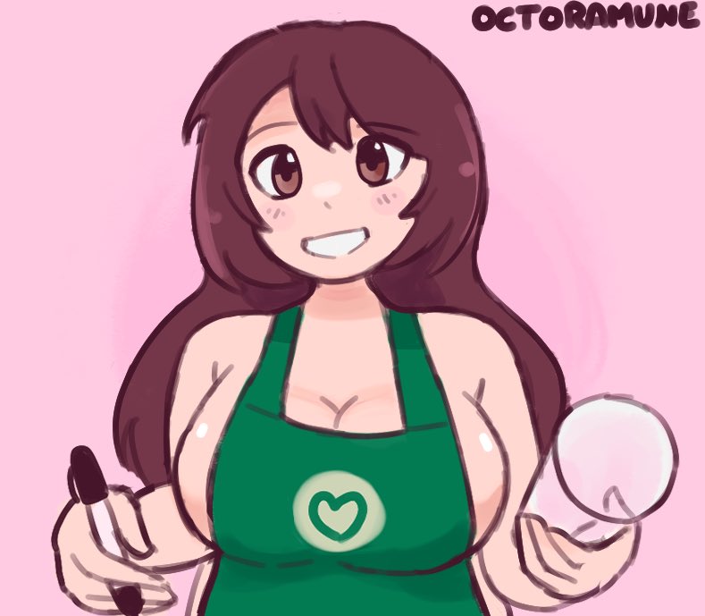 2d apron apron_only artist_name breasts emirichu female female_only heart_sign holding_cup iced_breast_with_latte iced_latte_with_breast_milk light-skinned_female light_skin looking_at_viewer marker meme nude octoramune pale-skinned_female pale_skin pink_background plastic_cup signature simple_background solid_color_background solo torso_shot watermark wholesome youtube