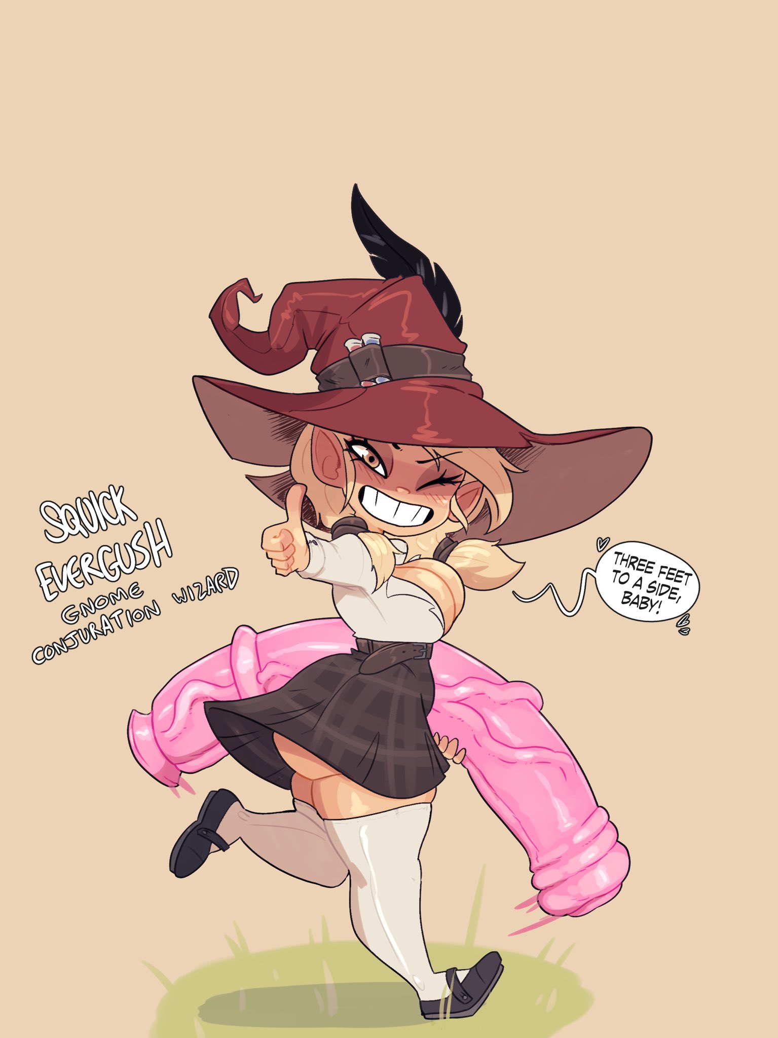 1girls, big breasts, blonde hair, bottomwear, breasts, clothing, dildo, dungeons and dragons, female, female only, gnome, gnome female, hat, hazel eyes, headwear, it'll never fit, jack cayless, micro female, pocket, pointy ears, skirt, solo, speech bubble, squick evergush, text, thick thighs, thighhighs, topwear, wizard, wizard hat