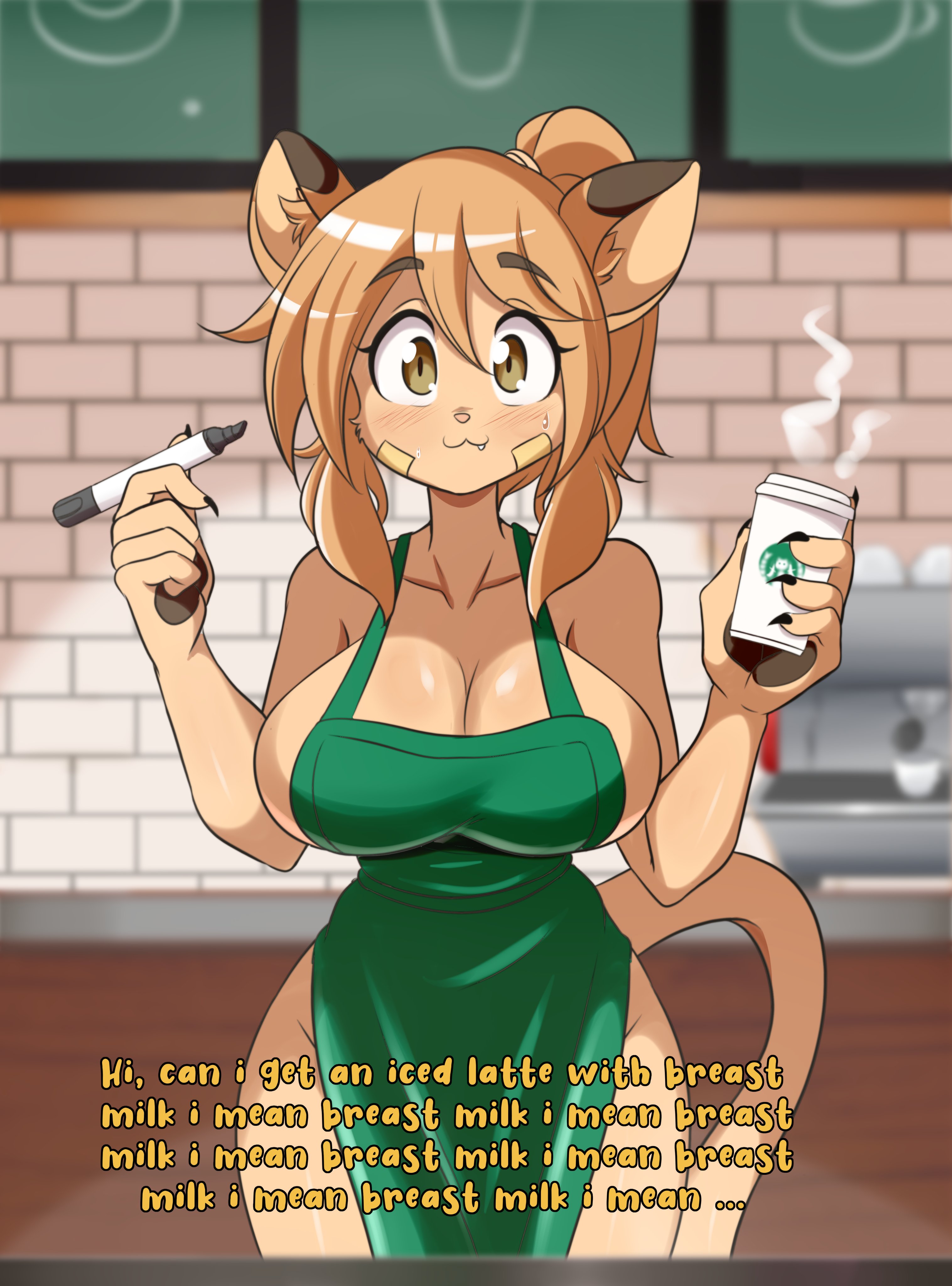 1girls, animal ears, apron, big breasts, breasts, brown eyes, brown fur, brown hair, cleavage, english text, eyebrows visible through hair, female, furry, furry breasts, furry ears, furry only, furry tail, goya (lucyfercomic), iced latte with breast milk, lucyfercomic, meme, original, original character, starbucks, tail, text