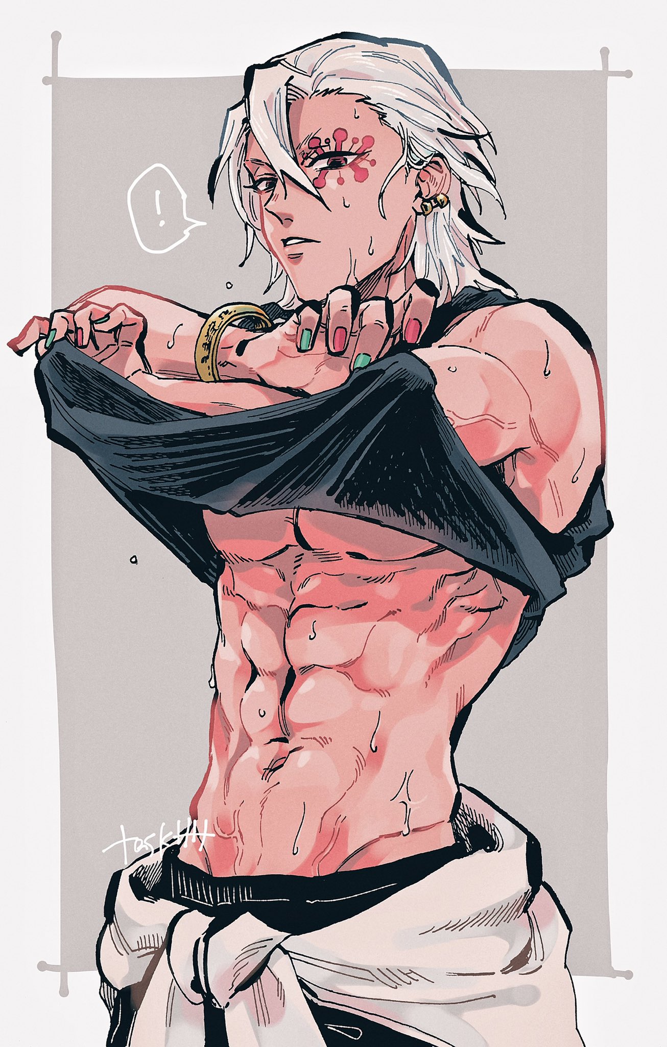 abs, alternate costume, ambush (trap), bracelet, breasts, demon slayer, earrings, facial mark, hair down, kimetsu no yaiba, looking at viewer, male, male only, muscular, muscular chest, muscular male, nail polish, pecs, shirt lift, silver hair, sleeveless shirt, solo, sweat, undressing, uzui tengen
