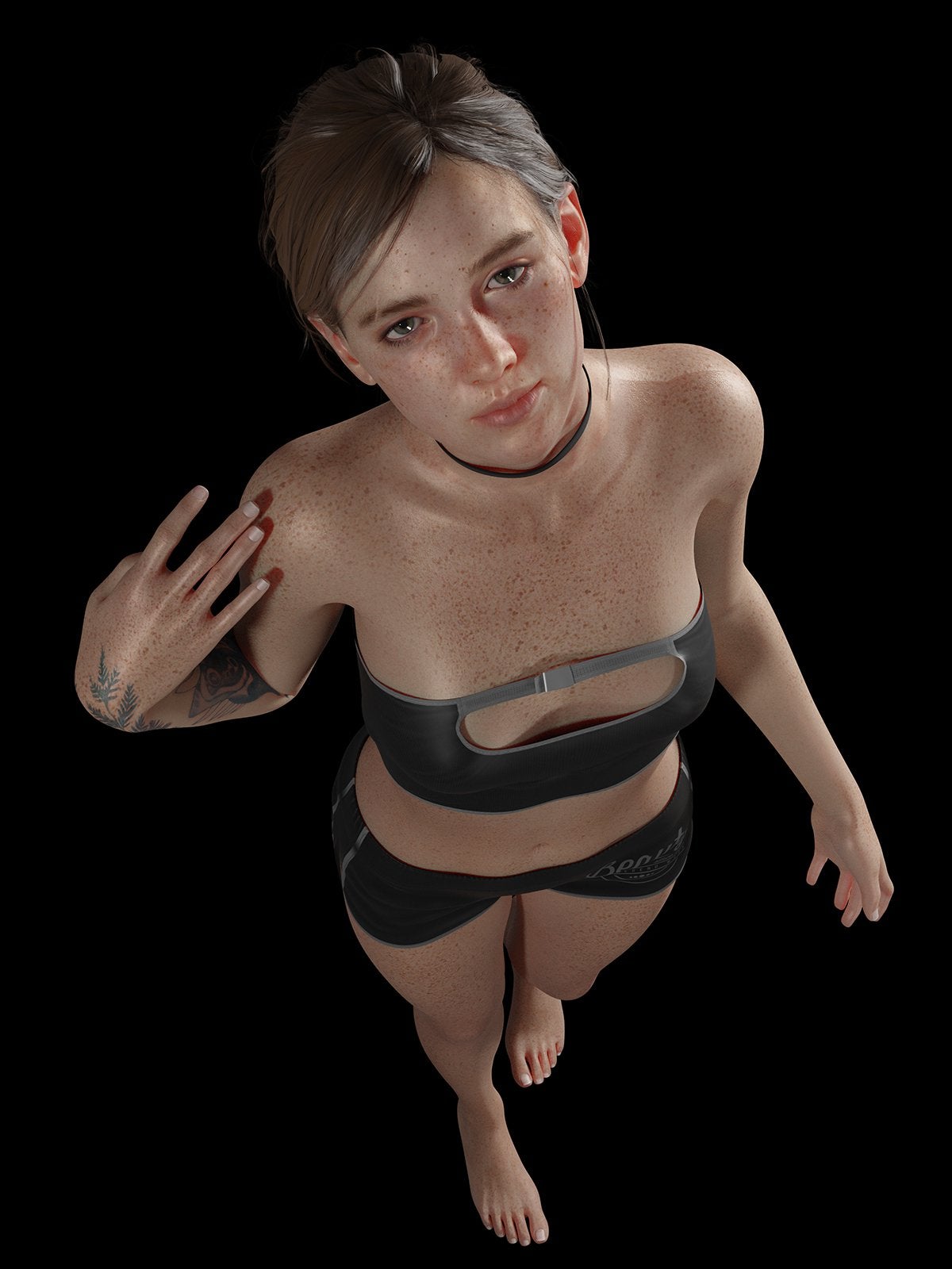 1girls, 3d, bare shoulders, barefoot, black background, brown hair, ellie (the last of us), ellie williams, feet, female, female only, freckles, legs, looking at viewer, naughty dog, odd 3d, shorts, simple background, solo, tattoo, the last of us, the last of us 2, toenails, toes