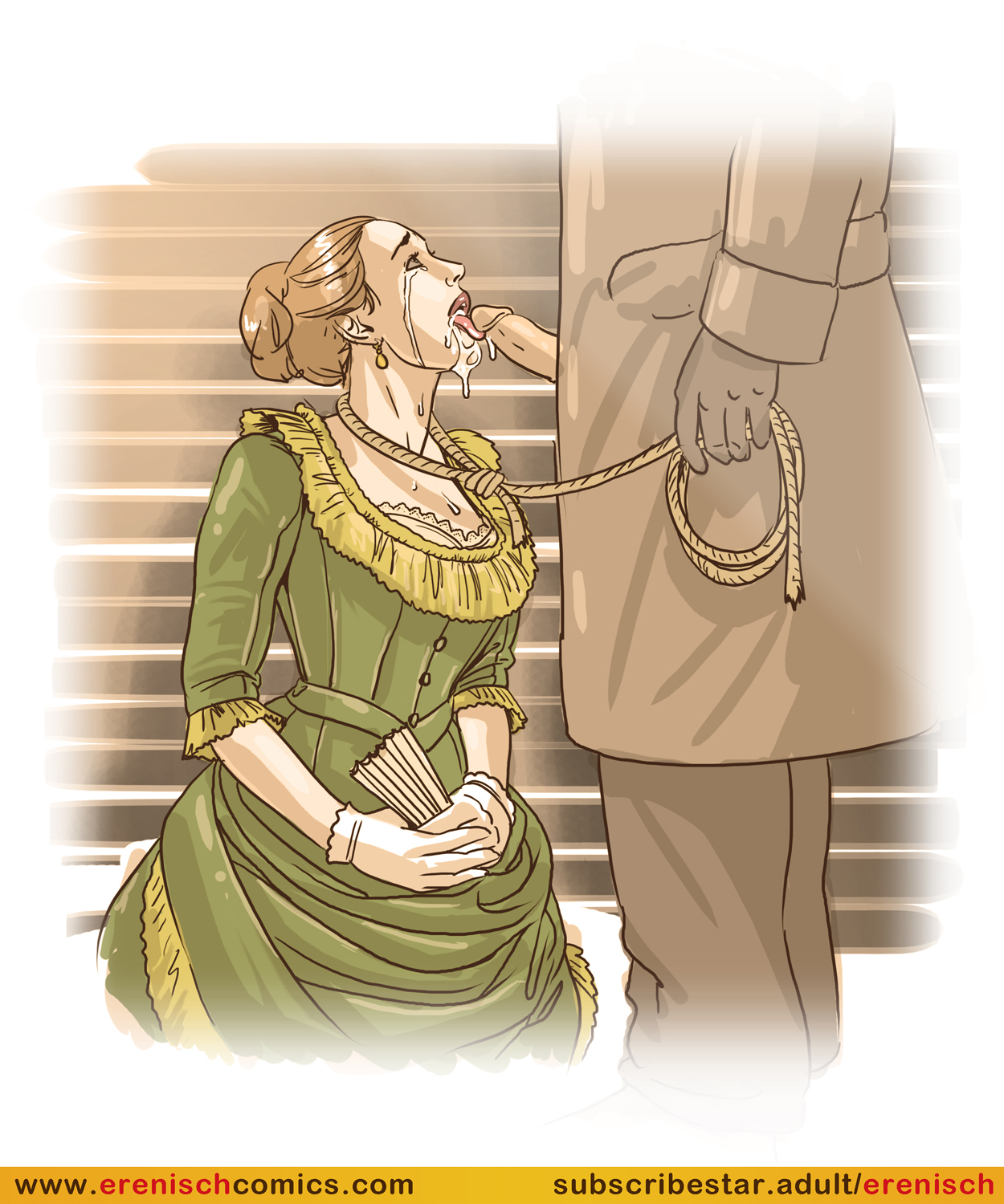 1boy, 1girls, clothed female, crying, crying with eyes open, cum on face, erenisch, fellatio, female, femsub, forced, forced oral, kneeling oral position, leash, male, maledom, noose, noose leash, oral, penis, penis out, rape, rope, rope leash, straight, submissive female, tears, terminal sex, terminal sex (oral penetration), terminal sex (tipping the executioner), victorian