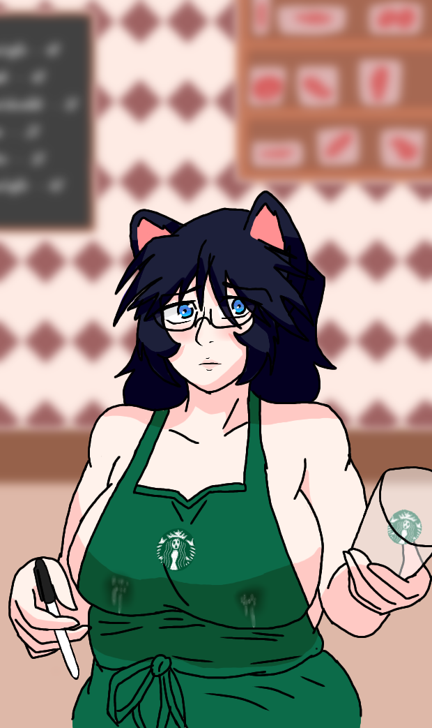 apron_only background big_breasts black_hair blue_eyes blush cat_ears chubby_female glasses iced_latte_with_breast_milk lactation meme neo_serisawa neo_serisawa(oc) pencil short_hair starbucks