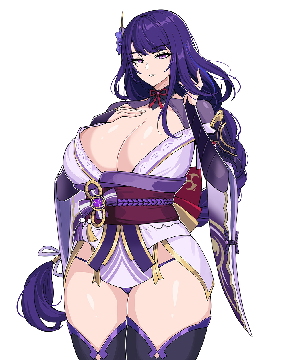 1girls, big breasts, breasts, busty, clothed, clothed female, drogod (artist), female, female only, genshin impact, hourglass figure, huge breasts, japanese clothes, kimono, long hair, purple eyes, purple hair, raiden shogun, short kimono, solo, thick thighs, thighhighs, thighs, voluptuous