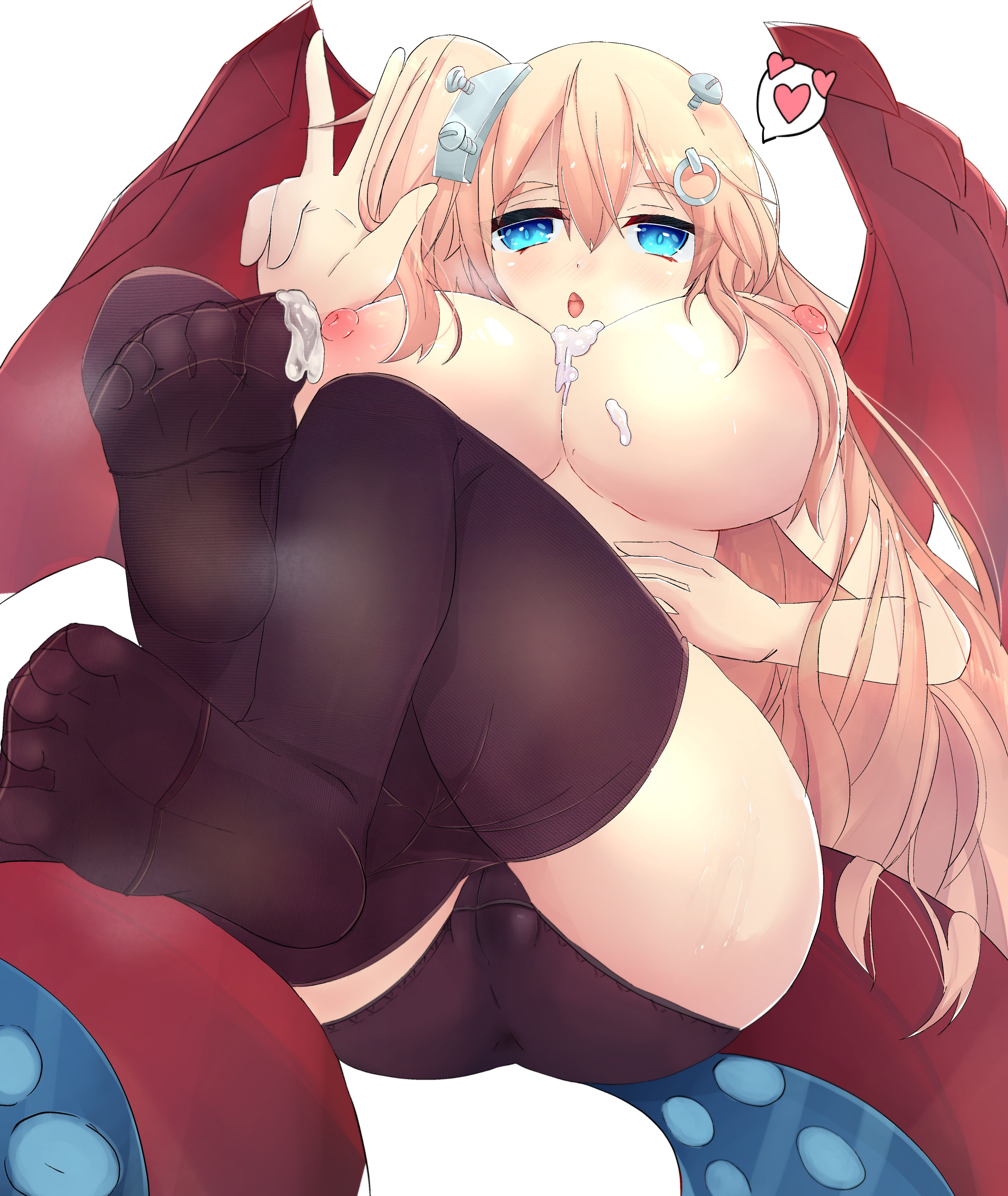 aki hajime, blonde hair, blue eyes, breasts, cameltoe, cum, cum on breasts, cum on feet, erect nipples, feet, female, hair ornament, hime hajime, huge breasts, long hair, metal, nipples, panties, pussy, stockings, tentacle, thick thighs, virtual youtuber, vshojo, wide hips, wings