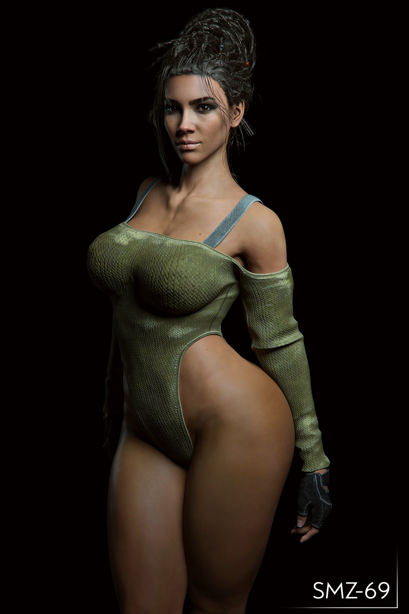1girls, 3d, breasts, cd projekt red, cleavage, cyberpunk 2077, female, female only, looking at viewer, panam palmer, smz-69, solo, solo female, thick thighs, wide hips