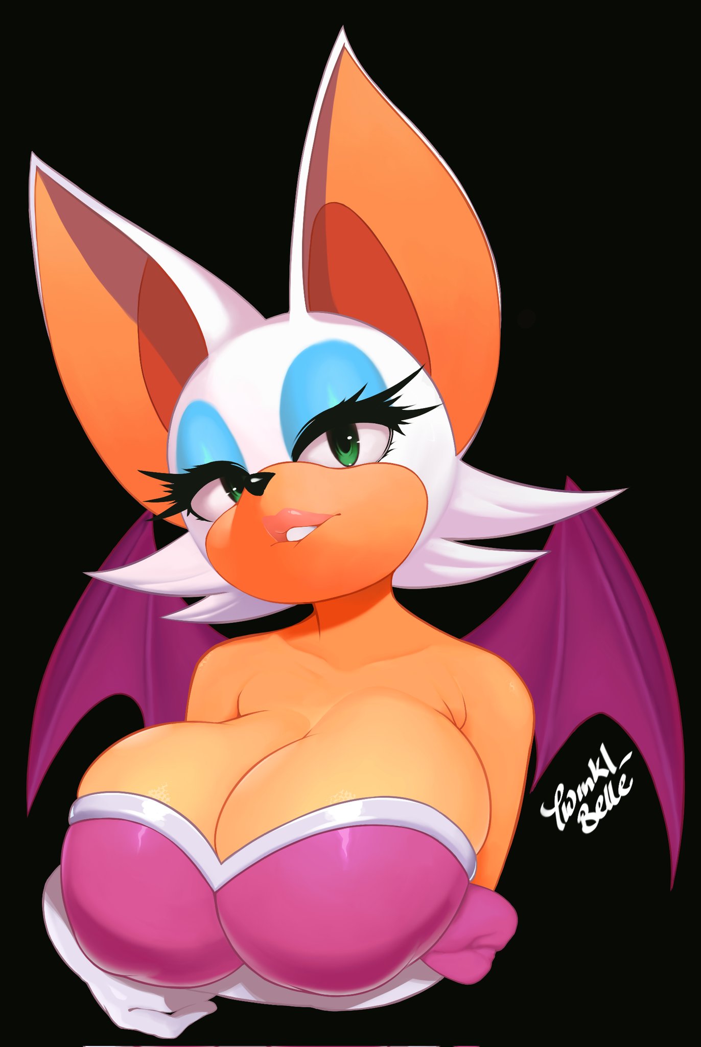 2021, bat, bat ears, bat girl, big breasts, big ears, biting lip, black background, breasts, cleavage, clothed, clothing, elbow gloves, eyeshadow, female, green eyes, huge breasts, large breasts, looking at viewer, membrane (anatomy), membranous wings, naughty face, nipple bulge, portrait, rouge the bat, signature, simple background, sonic (series), twinkl belle, upper body, voluptuous, wings