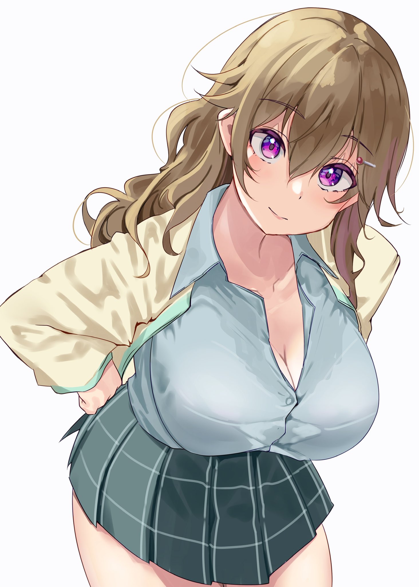 1girls, big breasts, breasts, brown hair, female, huge breasts, konoe kanata, large breasts, light skin, light-skinned female, looking at viewer, love live!, love live! nijigasaki high school idol club, purple eyes, school uniform, skirt, solo, yamasonson