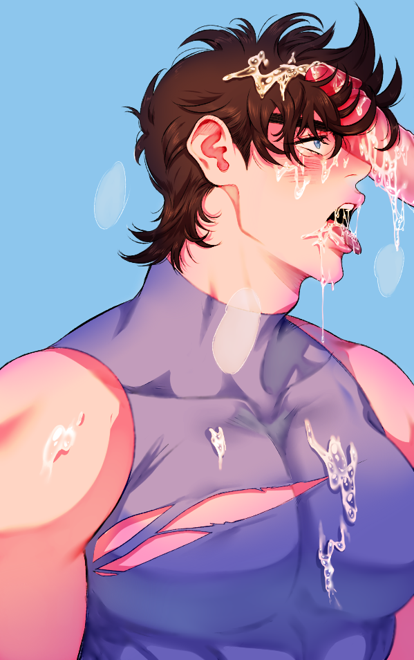 2boys anon artist_request battle_tendency blue_eyes cum cum_on_clothes cum_on_face cum_on_hair cum_on_tongue gay jojo's_bizarre_adventure joseph_joestar male male_only penis_in_hair tongue_out yaoi