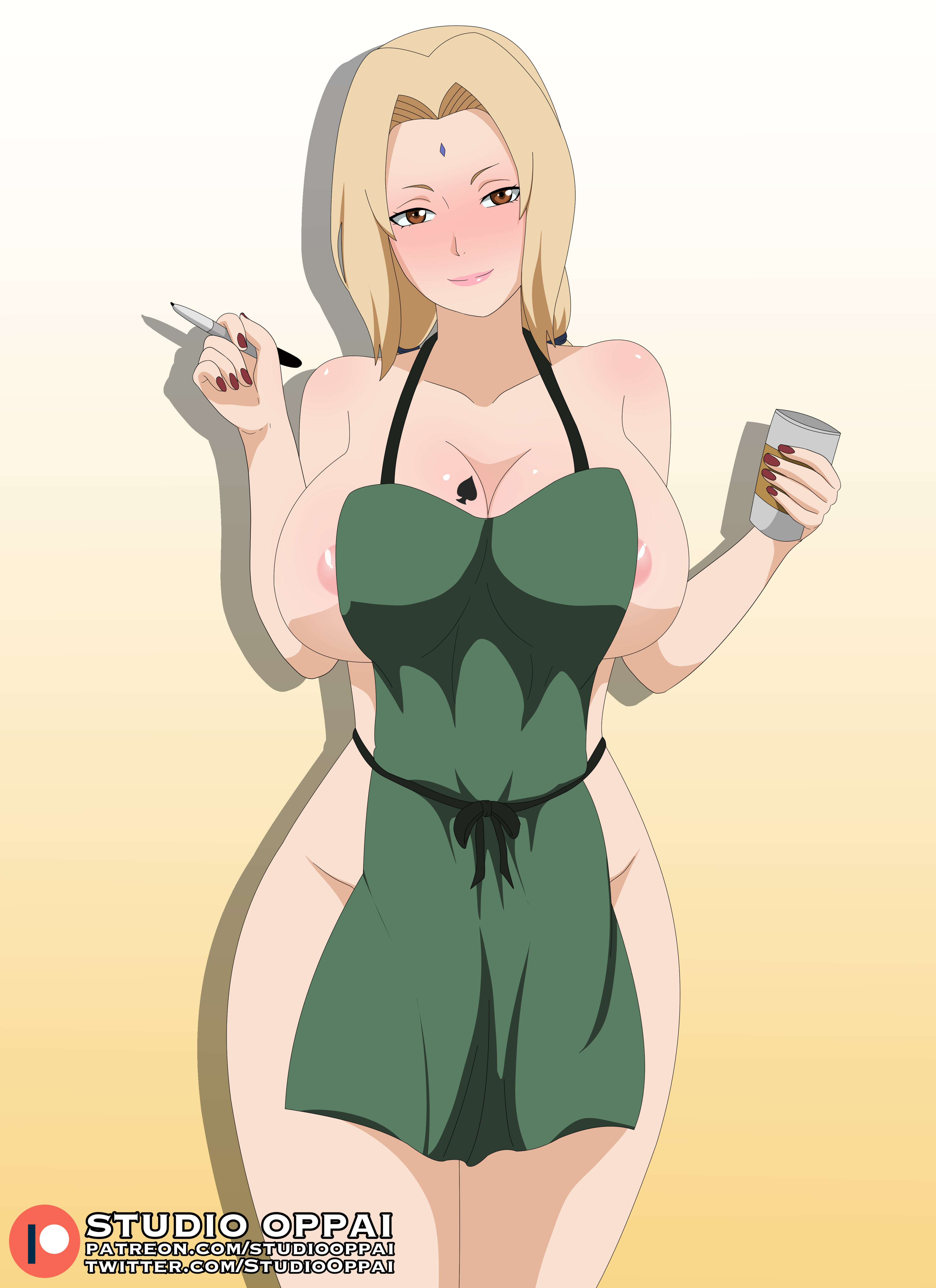 1girls, apron, areola, areola slip, big breasts, blonde hair, blush, breast tattoo, breasts, brown eyes, clothed female, colored nails, cup, curvaceous, curvy, curvy figure, female, functionally nude, holding object, huge breasts, iced latte with breast milk, lipstick, looking at viewer, makeup, mature, mature female, meme, nail polish, naked apron, naruto, naruto (series), naruto shippuden, pelvic curtain, pen, queen of spades, smile, solo, solo focus, studio oppai, tattoo, tsunade, voluptuous, waitress, wide hips
