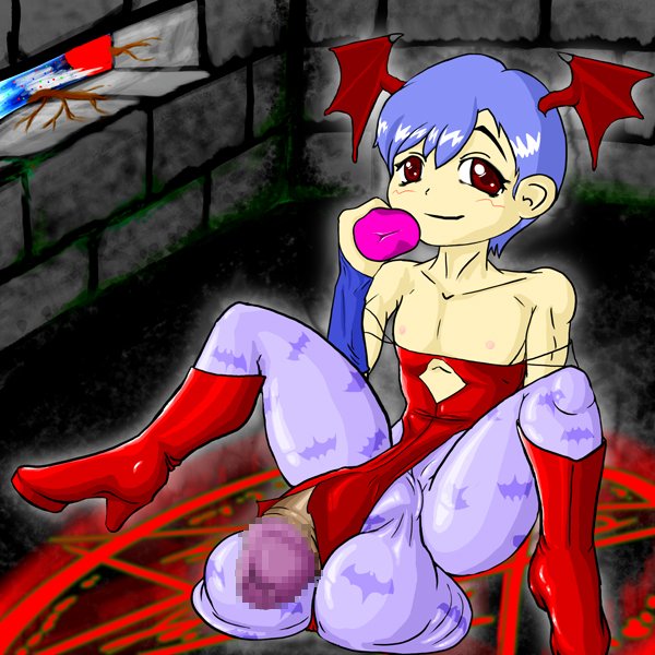 1boy a- balls blue_hair boots capcom censored clothed clothing darkstalkers femboy girly heels huge_balls huge_cock humanoid humanoid_penis light-skinned_male light_skin lilith_aensland male male_only mosaic_censoring mostly_clothed nipples onahole oversized_balls pale_skin penis red_eyes rule_63 short_hair sitting smile solo solo_male