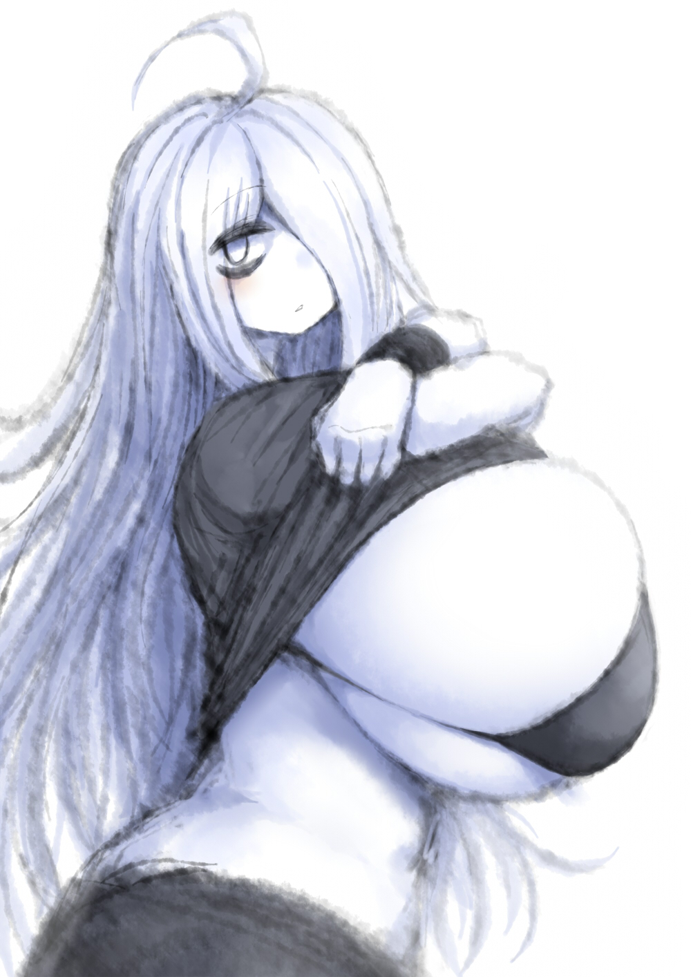 2b213, big breasts, bikini, black bra, bra, breasts, female, huge breasts, large breasts, long hair, looking at viewer, mei (2b213), sideboob, white hair