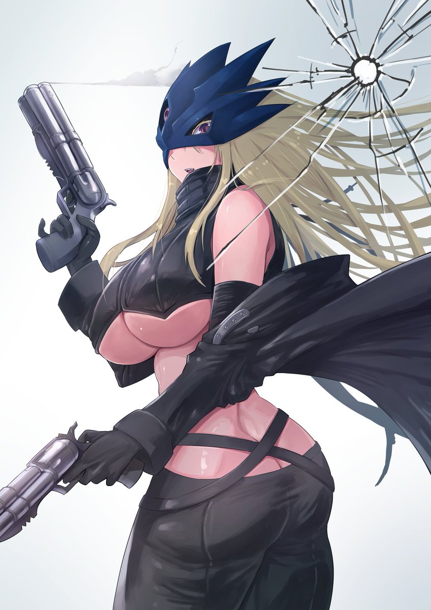 armor ass beelstarmon big_ass big_breasts blonde_hair breasts broken_glass bubble_butt digimon digimon_(species) female female_focus female_only gloves gun long_hair looking_at_viewer natsuishi_nana nipple_bulge solo solo_female thighs underboob voluptuous