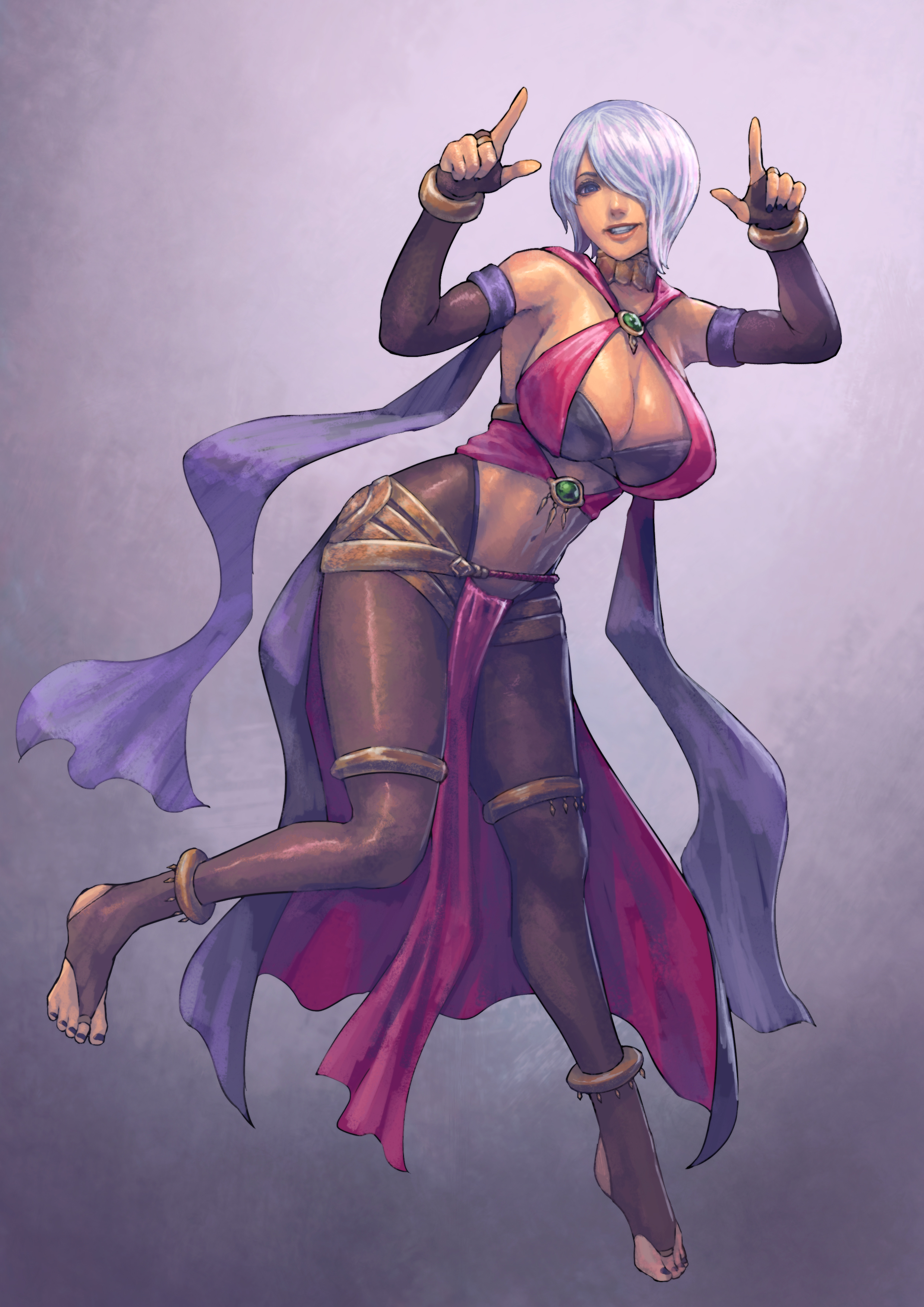 1girls, abs, absurdres, alternate costume, angel (kof), anklet, arabian clothes, arm up, armlet, armpits, arms up, bangs, belly chain, black nails, blue eyes, bodystocking, bracelet, breasts, bridal legwear, cirenk, commission, cosplay, crossover, dancer, dancing, dark skin, detached sleeves, dorothea arnault (cosplay), dorothea arnault (plegian) (cosplay), female, fire emblem, fire emblem heroes, fire emblem: three houses, full body, hair over one eye, harem outfit, highres, jewelry, king of fighters, large breasts, legs, looking at viewer, nail polish, navel, nintendo, no shoes, parted lips, plegian, silver hair, smile, solo, toeless legwear, toenails, toes, toned