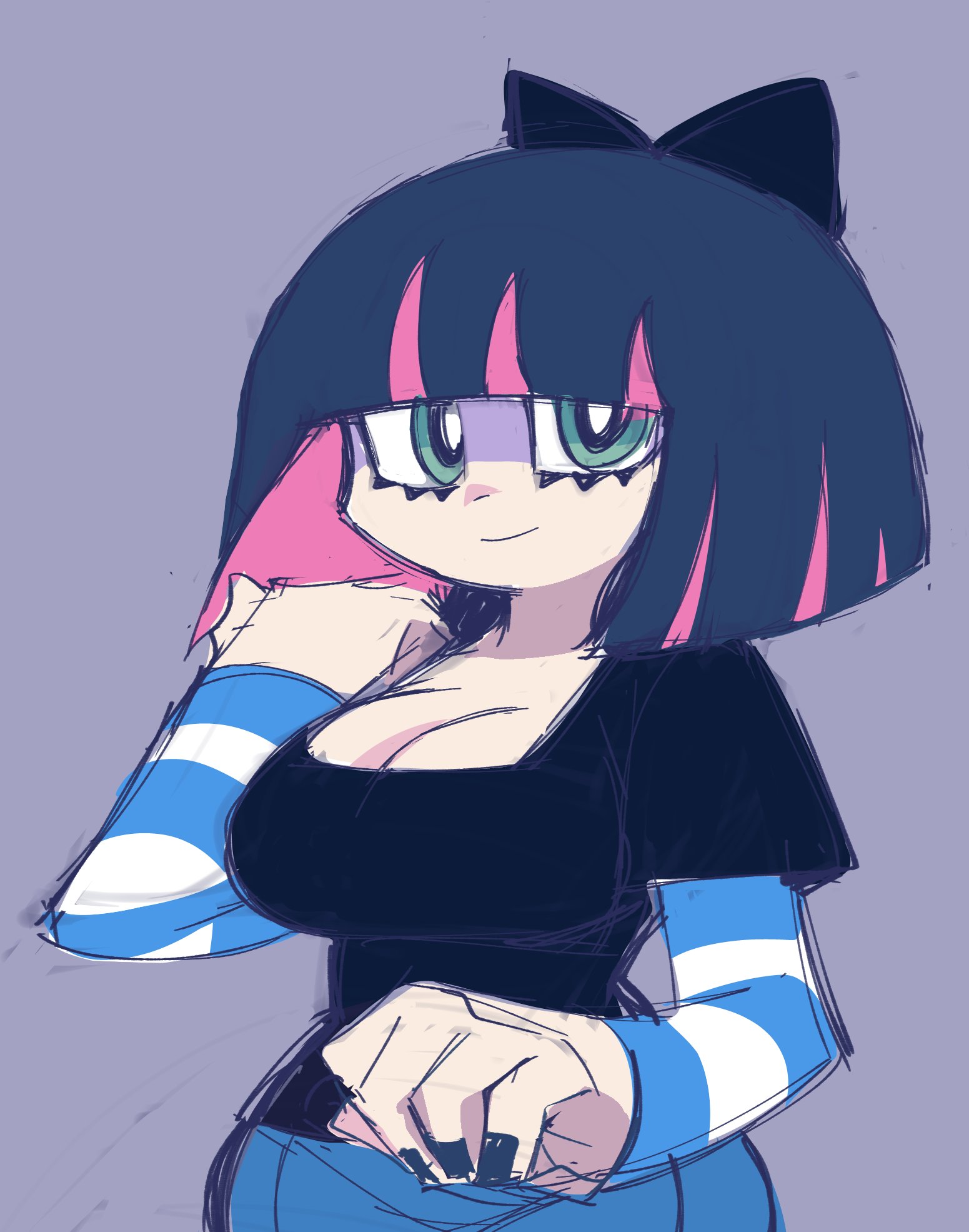 1girls, alternate hairstyle, big breasts, black shirt, blue eyes, blue jeans, bow, breasts, cleavage, eyeliner, female, female only, fully clothed, gainax, goth, high resolution, ink01, inkbloto, leaddrill, multicolored hair, panty & stocking with garterbelt, purple background, purple hair, short hair, sketch, sleeves, smile, solo, solo female, stocking anarchy