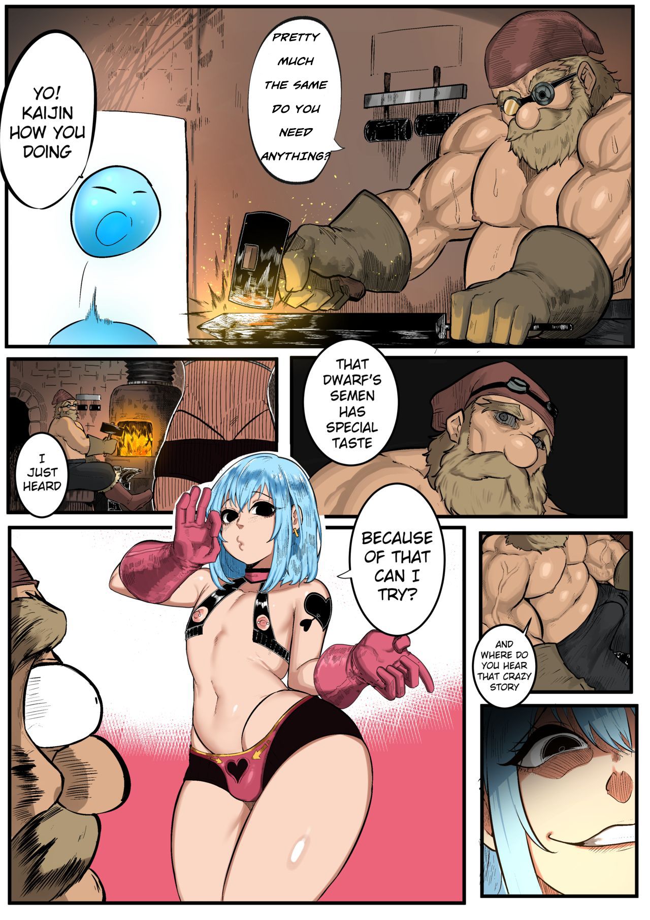 2boys, big muscles, blue hair, bulge, colored, comic, curvaceous, curvy, curvy figure, dwarf, ear piercing, english text, erection, femboy, gloves, green (artist), kaijin, light skin, light-skinned male, male, male only, male/male, manga, muscles, muscular, muscular male, nipple piercing, nipples, pale skin, pale-skinned male, piercing, rimuru tempest, shortstack, shortstack femboy, slime, speech bubble, tensei shitara slime datta ken, text, thick legs, thick thighs, thong, topless, trap, vein, veins, white body, white skin