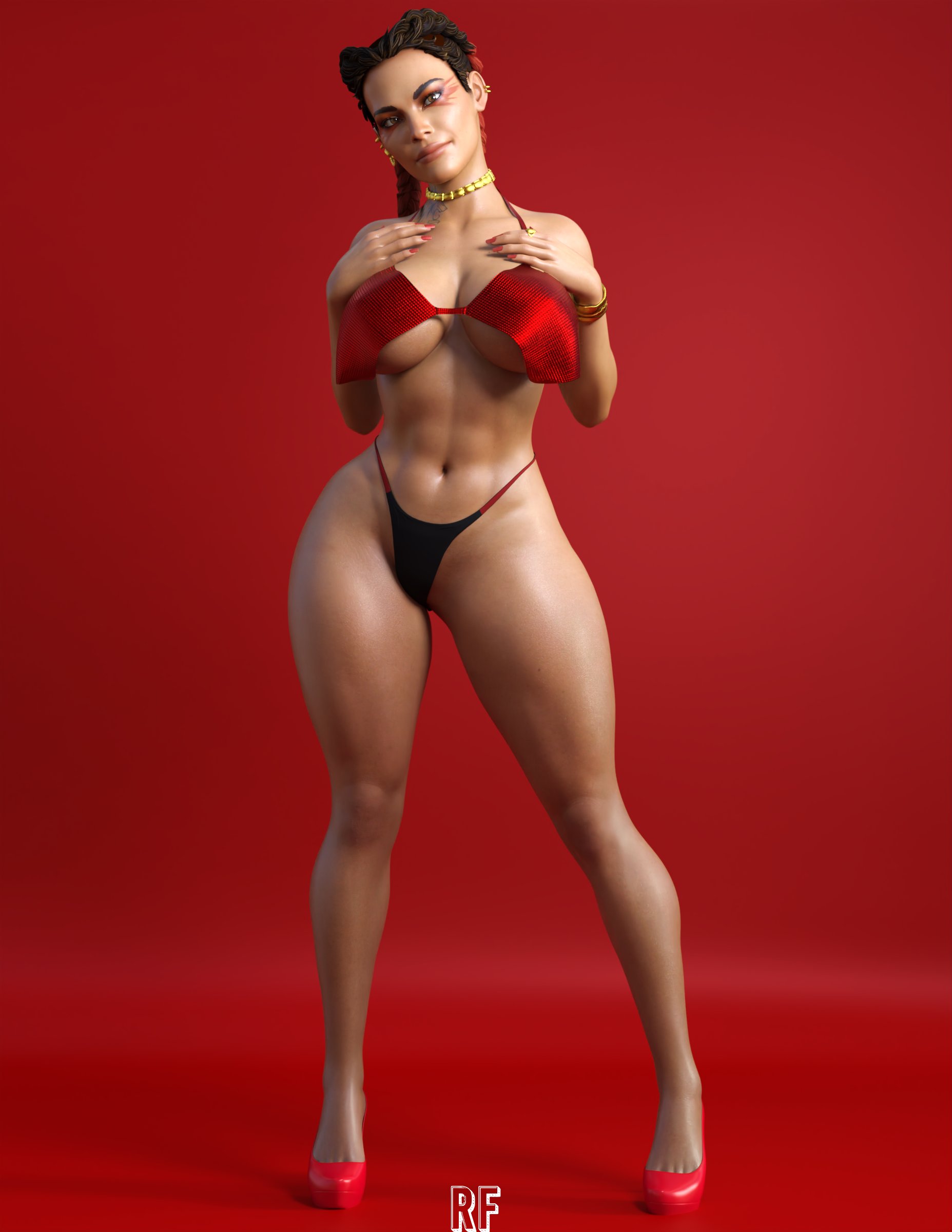 1girls, 3d, apex legends, big breasts, braided twintails, breasts, brown hair, cleavage, dark skin, dark-skinned female, female, female only, high heels, large breasts, legs, loba (apex legends), looking at viewer, navel, panties, red heels, rude frog, solo, thick thighs, underboob, wide hips