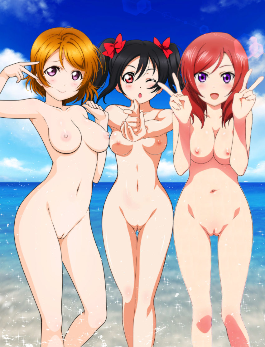 :d, :o, 3girls, absurdres, areolae, arm up, armpits, asymmetrical bangs, bangs, black hair, blush, bow, breast squeeze, breasts, cleavage, cleft of venus, closed mouth, collarbone, completely nude, double v, female, gluteal fold, hair between eyes, hair ribbon, hairbow, highres, innie pussy, koizumi hanayo, large breasts, legs together, long hair, love live!, love live! school idol project, medium breasts, medium hair, multiple females, multiple girls, navel, nipples, nishikino maki, nude, nude filter, ocean, one eye closed, open mouth, orange hair, perky breasts, purple eyes, pussy, red bow, red eyes, red hair, red ribbon, ribbon, short hair, sky, smile, thigh gap, third-party edit, twintails, v, yazawa nico