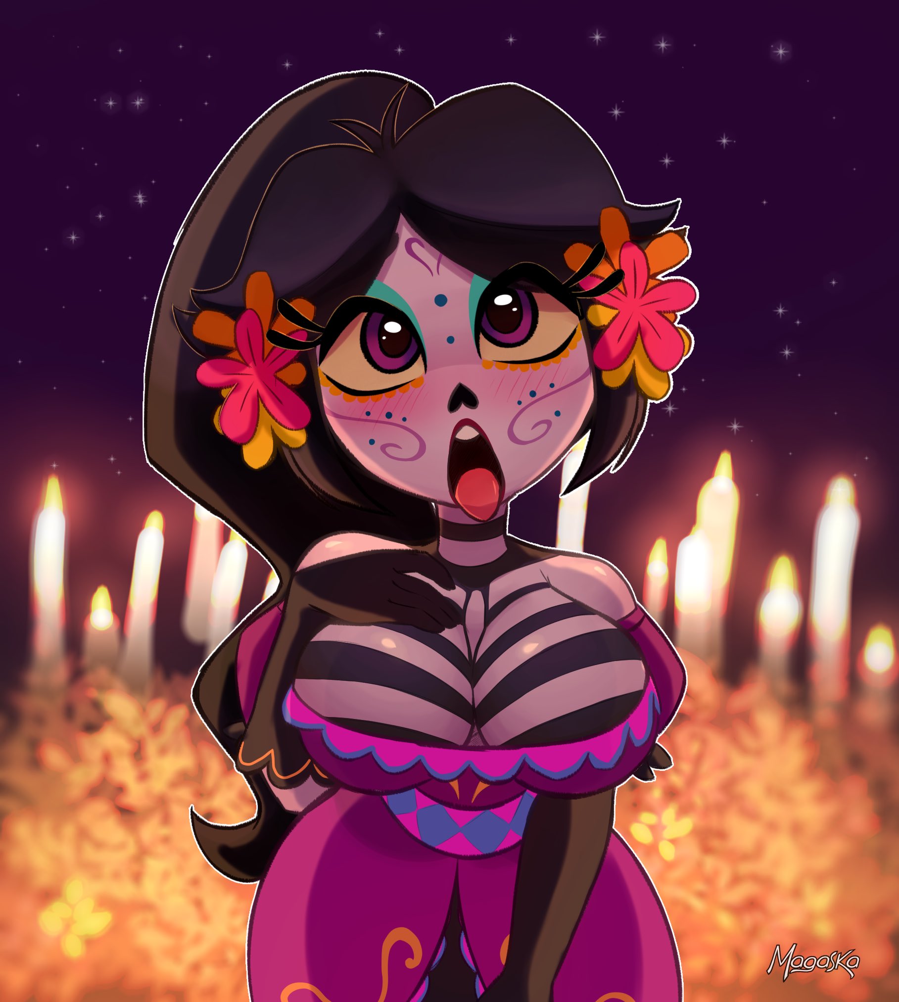 1girls, 2d, big breasts, big eyes, black hair, breasts, catalina la catrina, cleavage, cute, dia de los muertos, female, female only, large breasts, long hair, looking at viewer, magaska19, open mouth, purple eyes, sole female, solo, tagme, tongue, tongue out, violet eyes, zombie