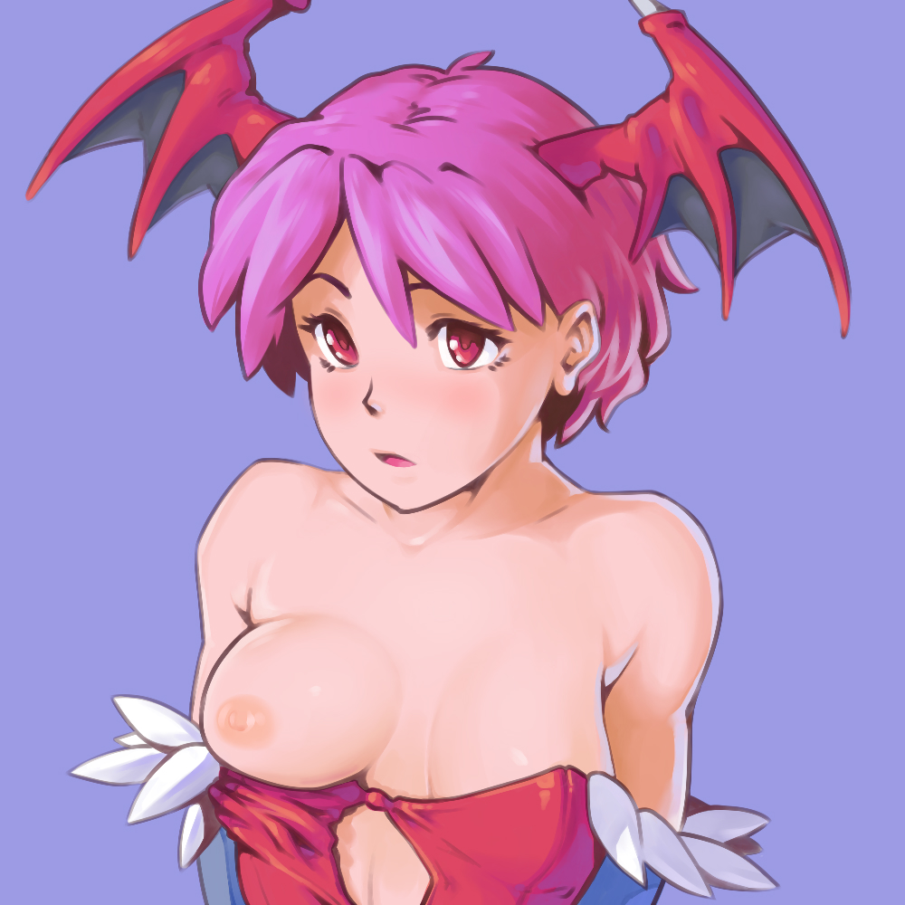 1girls bare_shoulders blue_background blush breasts clothing collarbone darkstalkers head_wings lilith_aensland looking_at_viewer mouth_open nipples one_breast_out pink_eyes pink_hair red_eyes short_hair small_breasts solo succubus tagme urumi_(urumi00) very_short_hair