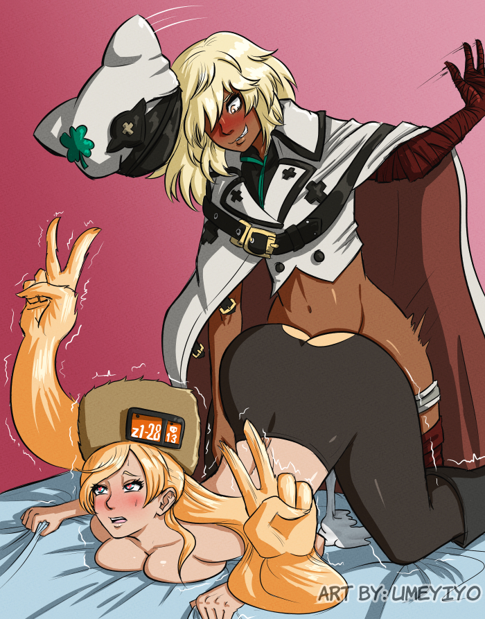 1futa 1girls blonde_hair blush clothed_sex dark-skinned_futanari doggy_style double_v dripping_cum from_behind futa_on_female futadom futanari guilty_gear guilty_gear_strive heart-shaped_pupils implied_futanari interracial light-skinned_female millia_rage ramlethal_valentine ripped_pants torn_clothes torn_legwear torn_pantyhose umeyiyo v very_long_hair