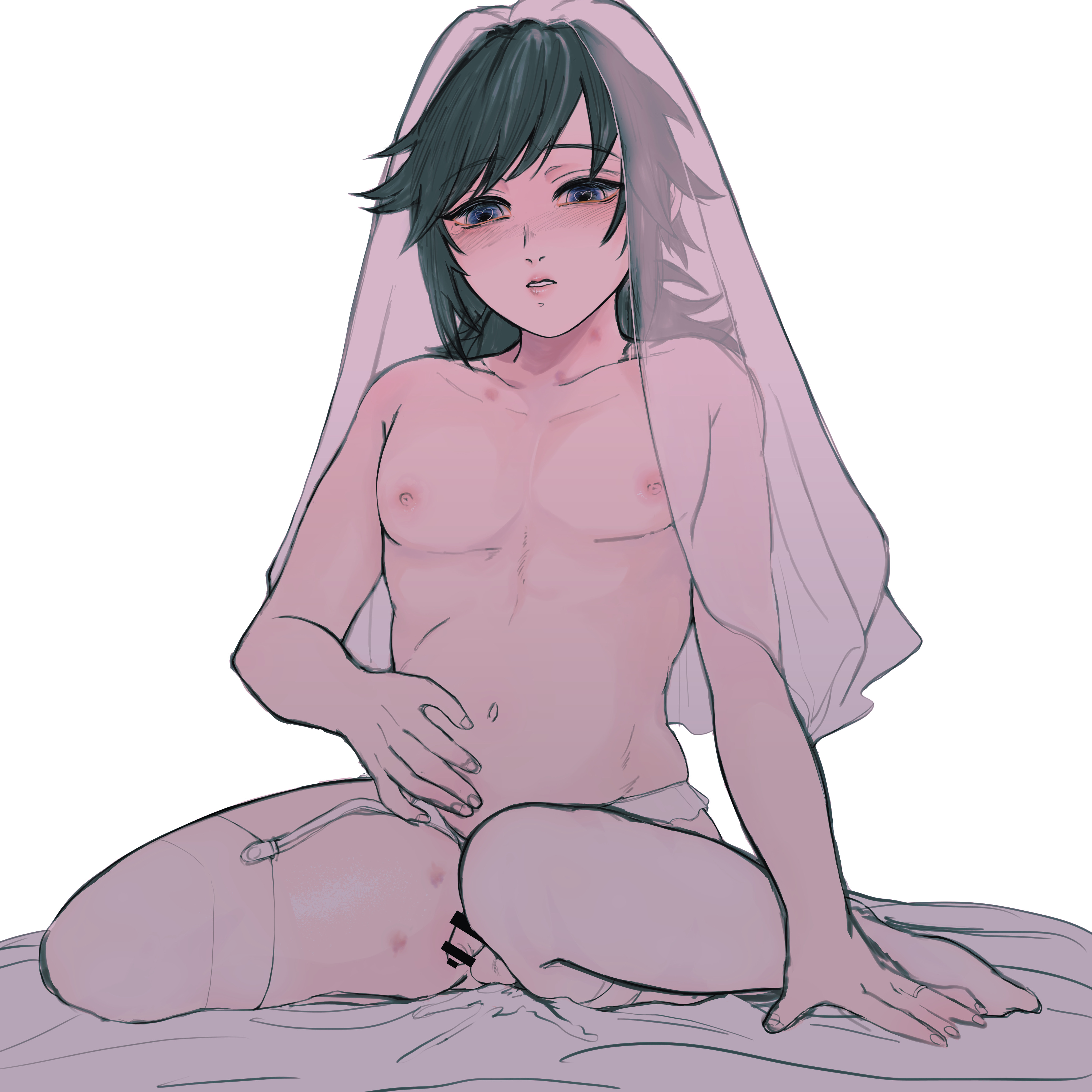 after sex, bar censor, black hair, blush, bridal veil, bride, censored, crossdressing, demon slayer, early pregnancy, femboy, feminine male, garter belt, garter straps, hand on stomach, heart-shaped pupils, hi res, hickey marks, kimetsu no yaiba, male, male bride, male only, male pregnancy, male wife, penis, pregnancy, pregnant, pregnant male, sitting, small penis, solo, stockings, stomach bulge, thighhighs, tomioka giyuu, trap bride, twink, veil