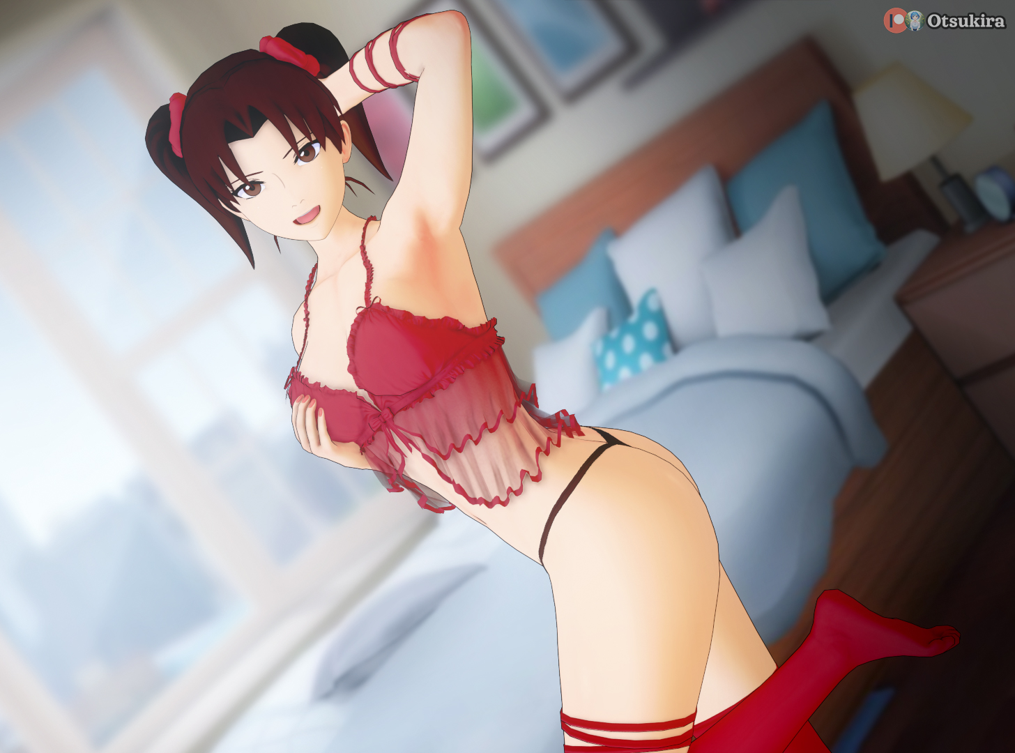 1girls, alternate hairstyle, arm behind head, arm up, ass, babydoll, bare shoulders, bare thighs, bedroom, big ass, breast grab, breasts, brown eyes, brown hair, female, female only, g-string, grabbing own breast, indoors, koikatsu, leg lift, leg up, lingerie, long hair, looking at viewer, medium breasts, naruto, naruto (series), naruto shippuden, otsukira, panties, petite, raised leg, solo, solo focus, standing on one leg, stockings, tenten, tied hair, twintails