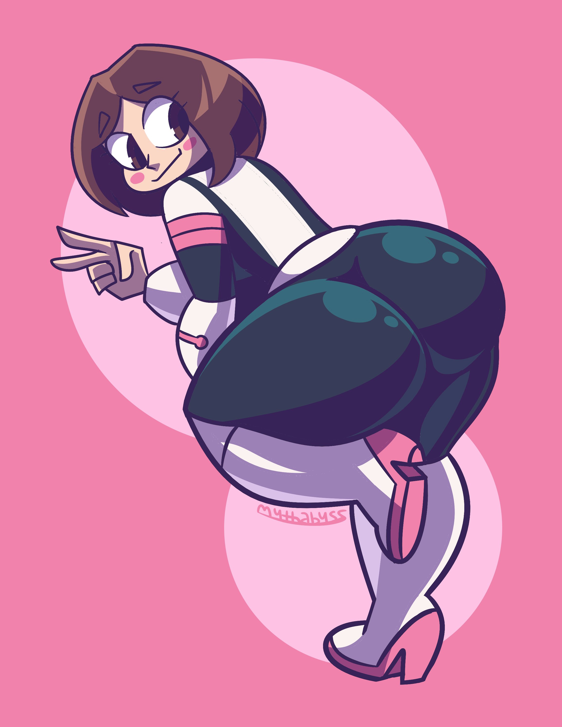 1girls, 2021, ass, big ass, bodysuit, boots, brown hair, bubble ass, bubble butt, cute, female, female human, hero outfit (mha), huge ass, human, light skin, light-skinned female, looking back, my hero academia, mythabyss, ochako uraraka, ochako uraraka (hero outfit), pink eyes, skin tight, solo, superhero costume, superheroine, tagme, thick thighs