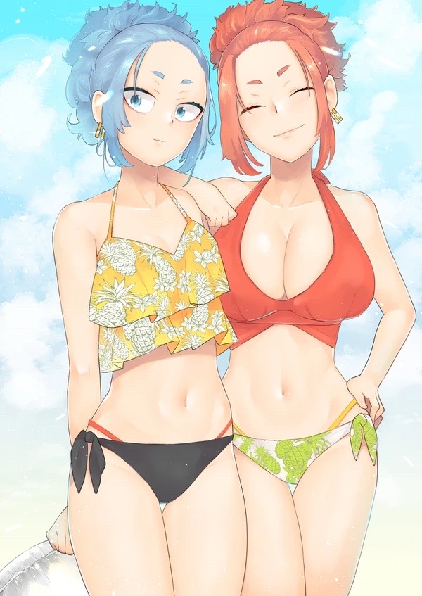 beach big_breasts bikini blue_hair ear_piercing flat_chest nahoya_kawata orange_hair rule_63 souya_kawata tied_hair tokyo_revengers twins