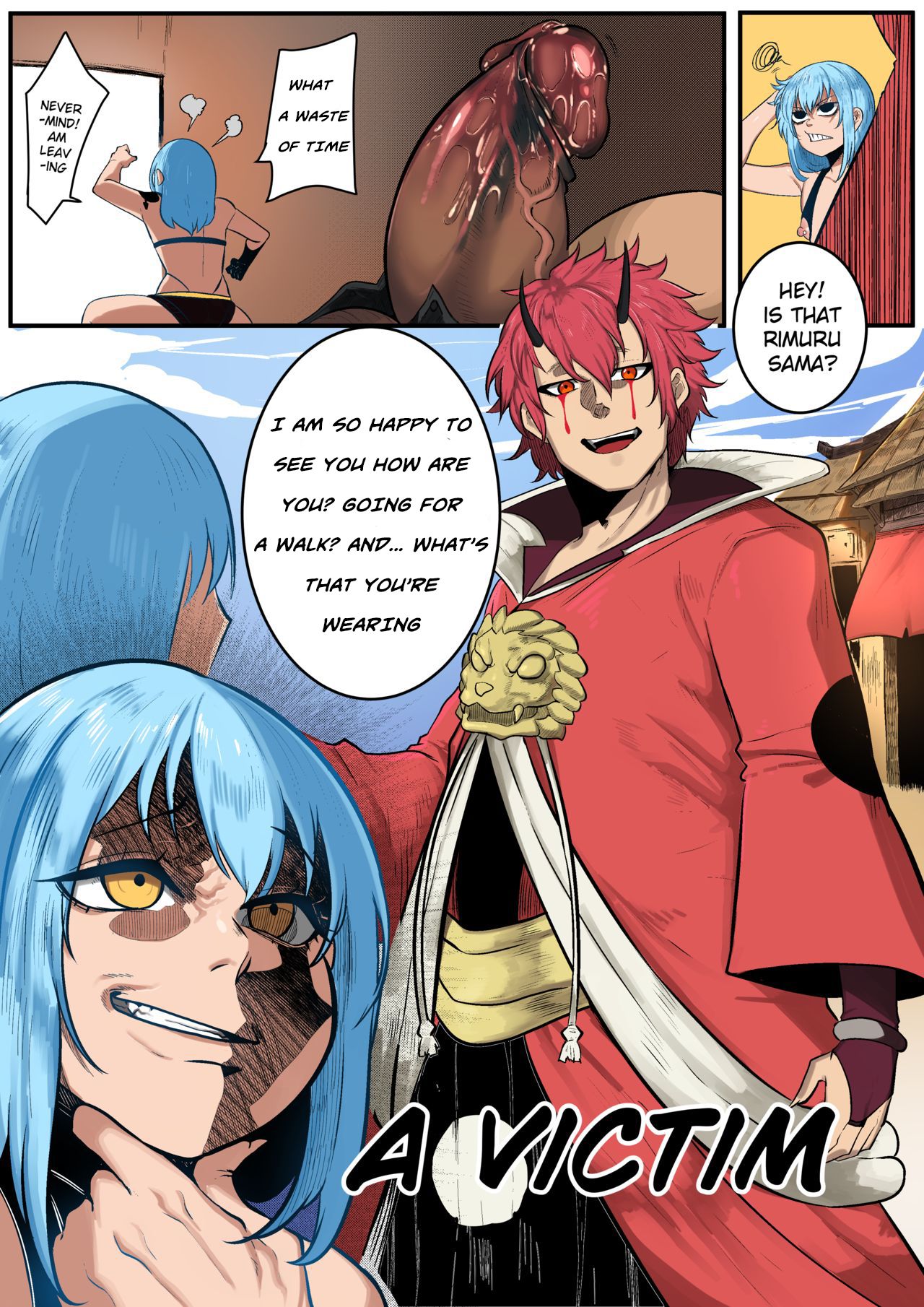 3boys, benimaru, big penis, blue hair, colored, comic, english text, femboy, green (artist), horns, imminent rape, imminent sex, kaijin, large penis, light skin, light-skinned male, male, male only, manga, nipples, nose piercing, pale skin, pale-skinned male, penis, penis out, piercing, rape face, red eyes, red hair, rimuru tempest, saliva, speech bubble, tensei shitara slime datta ken, text, thick penis, trap, vein, veins, veiny penis, white body, white skin, yellow eyes