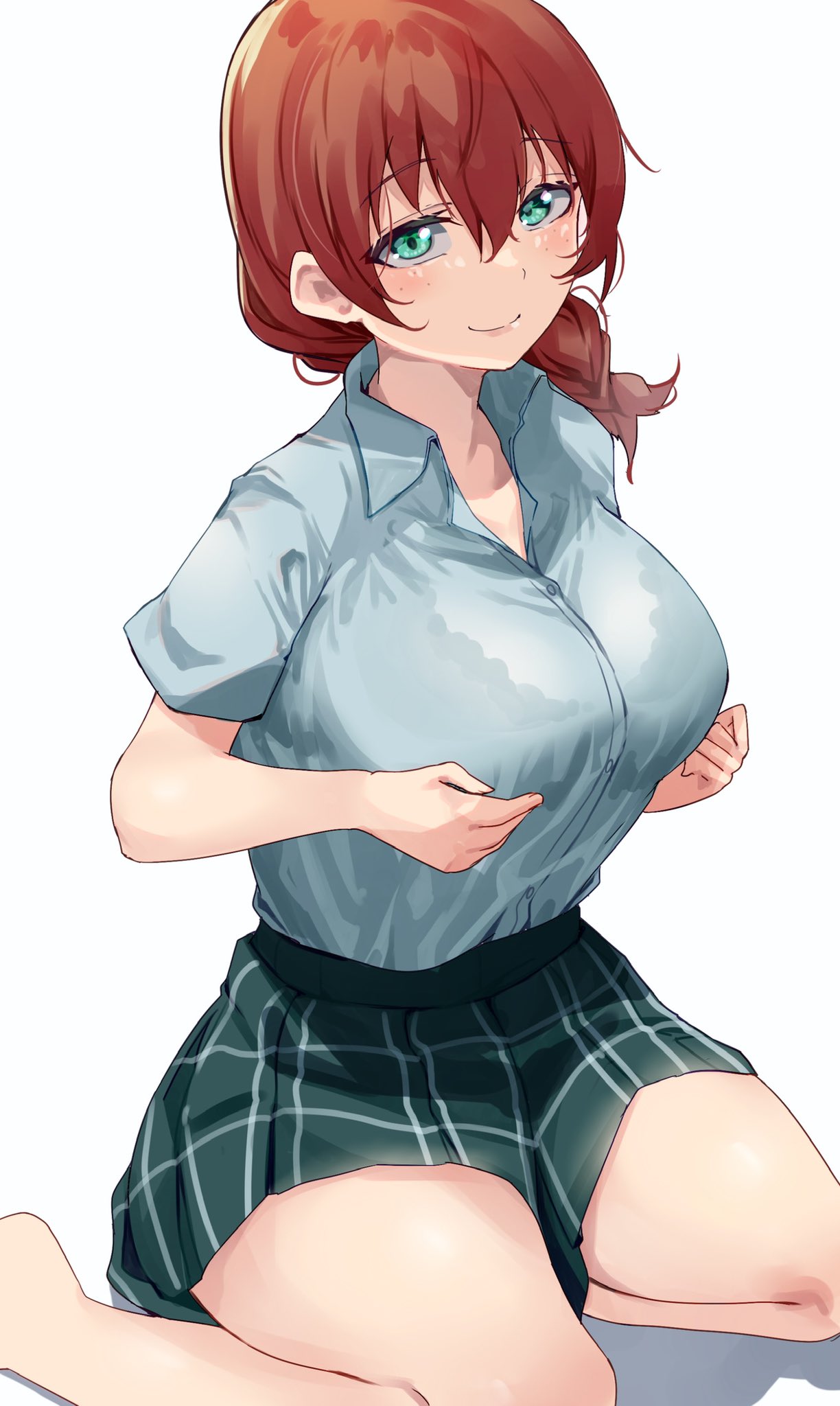 1girls, bra, braid, breasts, emma verde, female, female only, green eyes, holding breast, huge breasts, love live!, love live! nijigasaki high school idol club, red hair, school uniform, seductive, seductive smile, skirt, solo, thick thighs, thighs, yamasonson