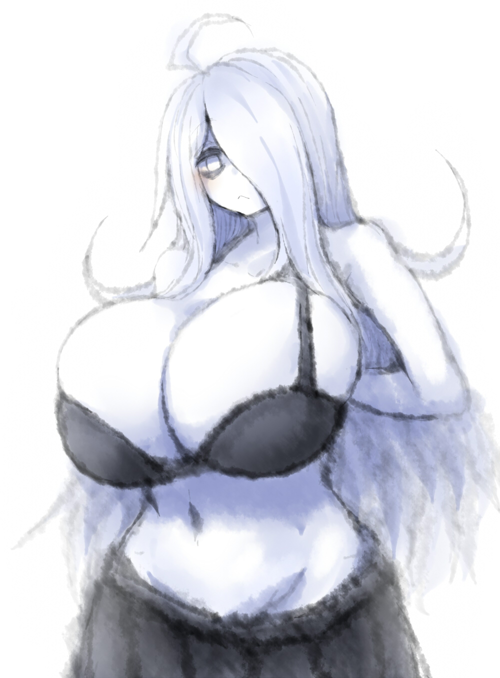 2b213 belly_button big_breasts black_bra bra female female_only huge_breasts large_breasts long_hair mei_(2b213) tagme white_background white_hair wide_hips