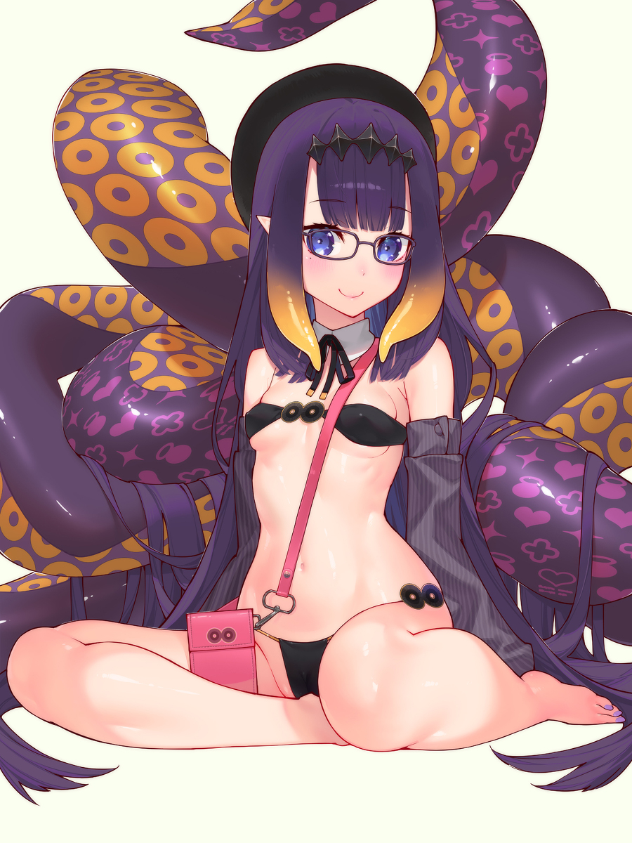 1girls, armwear, black bra, black panties, blue eyes, blush, blushing at viewer, bra, breasts, choker, diadem, eyebrows visible through hair, female, female focus, female only, flat chest, flat chested, glasses, hat, highres, hololive, hololive english, hololive myth, light skin, light-skinned female, long hair, looking at viewer, mole, mole under eye, multicolored hair, nail polish, ninomae ina'nis, nipples visible through clothing, orange hair, pale skin, pale-skinned female, panties, pointy ears, purple hair, purple nails, purse, pussy, pussy visible through clothes, sitting, small breasts, smile, smiling, smiling at viewer, tentacle, thick thighs, tiara, toenail polish, toenails, underwear, very high resolution, very long hair, virtual youtuber, waterring