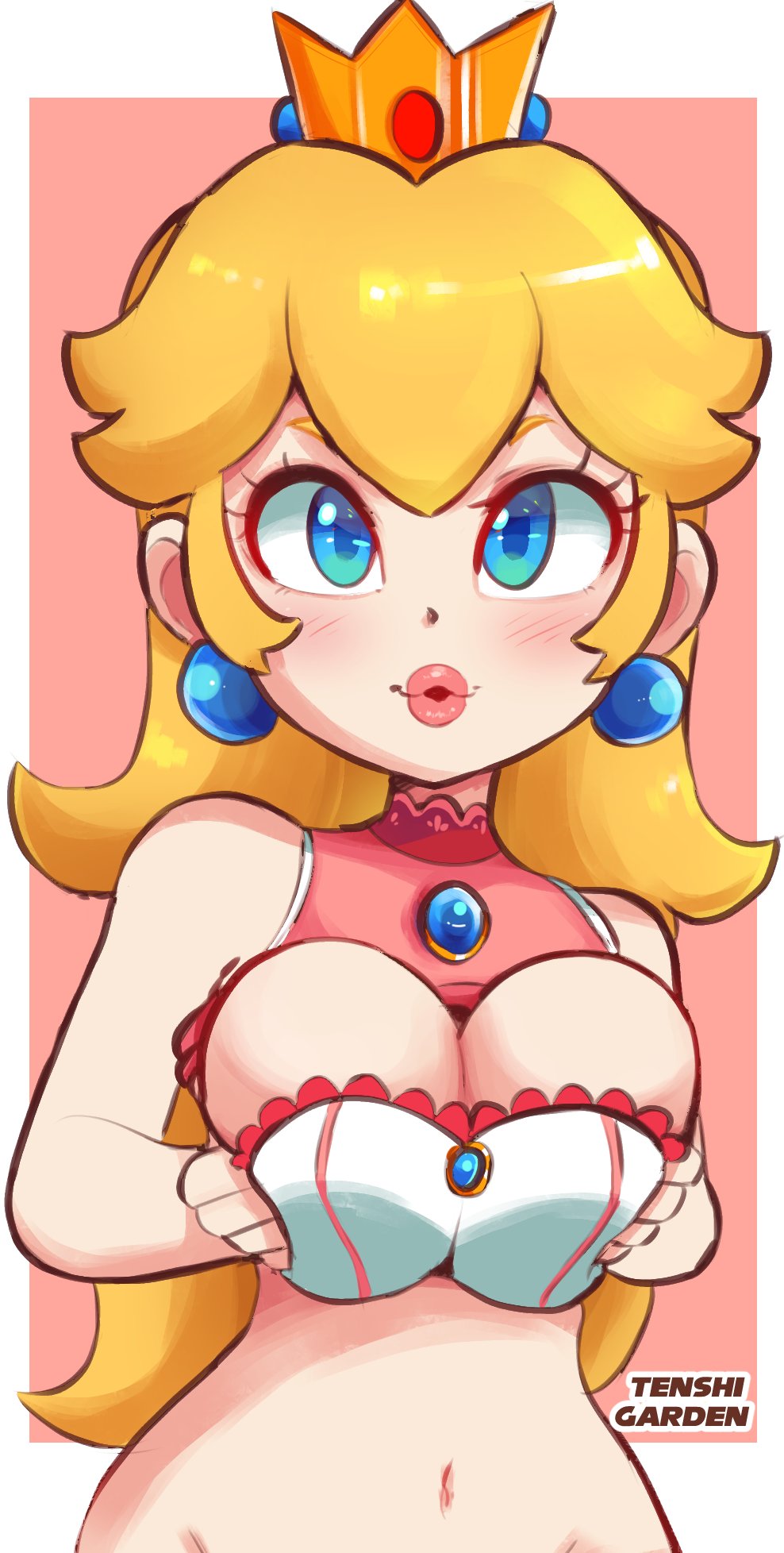 alternate breast size, blonde hair, blue pupils, bottomless, bra, breast squeeze, breasts, cleavage, cowboy shot, crown, cute, earrings, female, hearlesssoul, lipstick, looking at viewer, mario (series), mario tennis, navel, nintendo, princess peach, smile, two-tone background