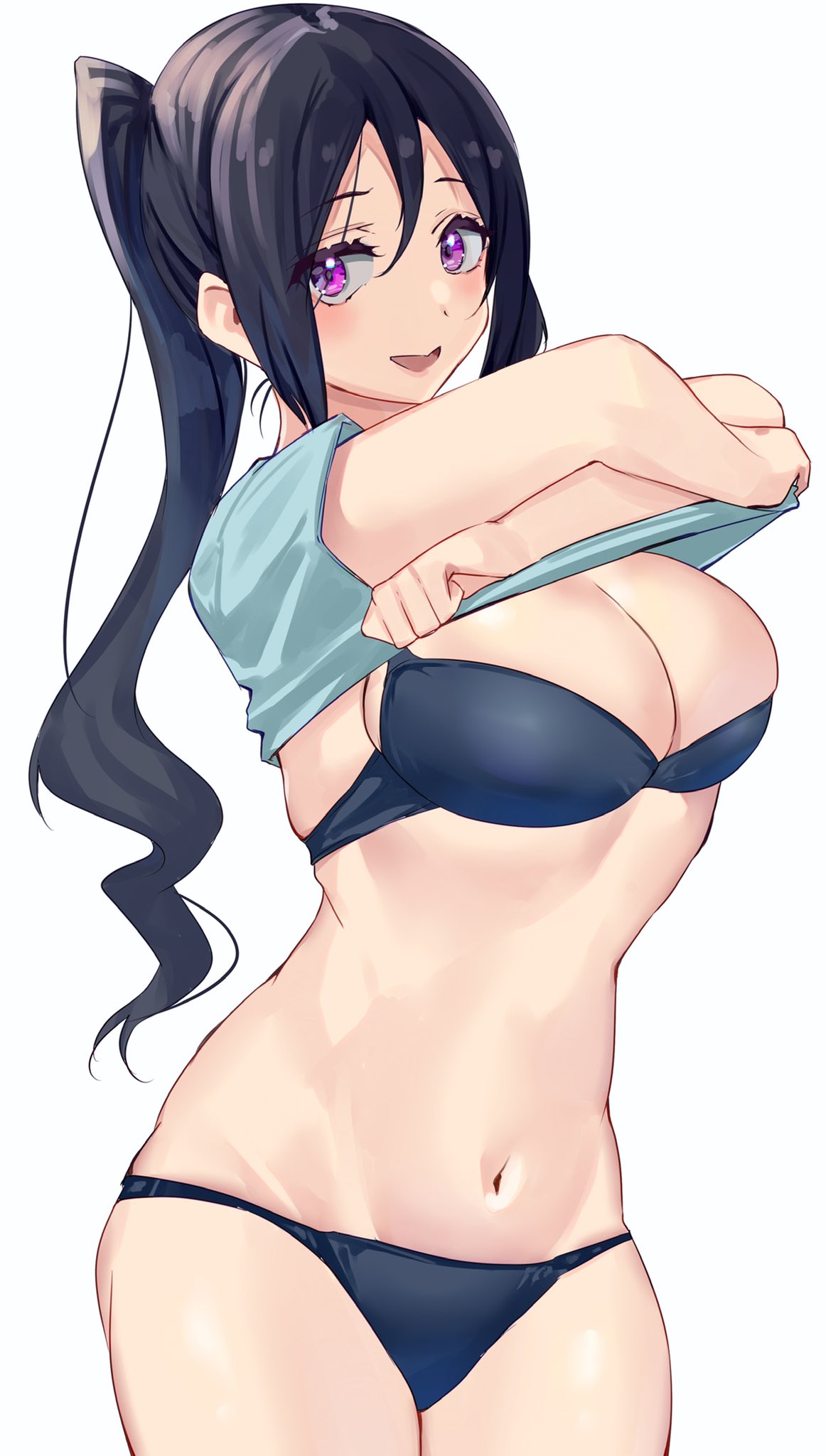 1girls, belly button, blue eyes, blue hair, bra, breasts, female, female only, huge breasts, lifted shirt, love live!, love live! sunshine!!, matsuura kanan, panties, solo, yamasonson