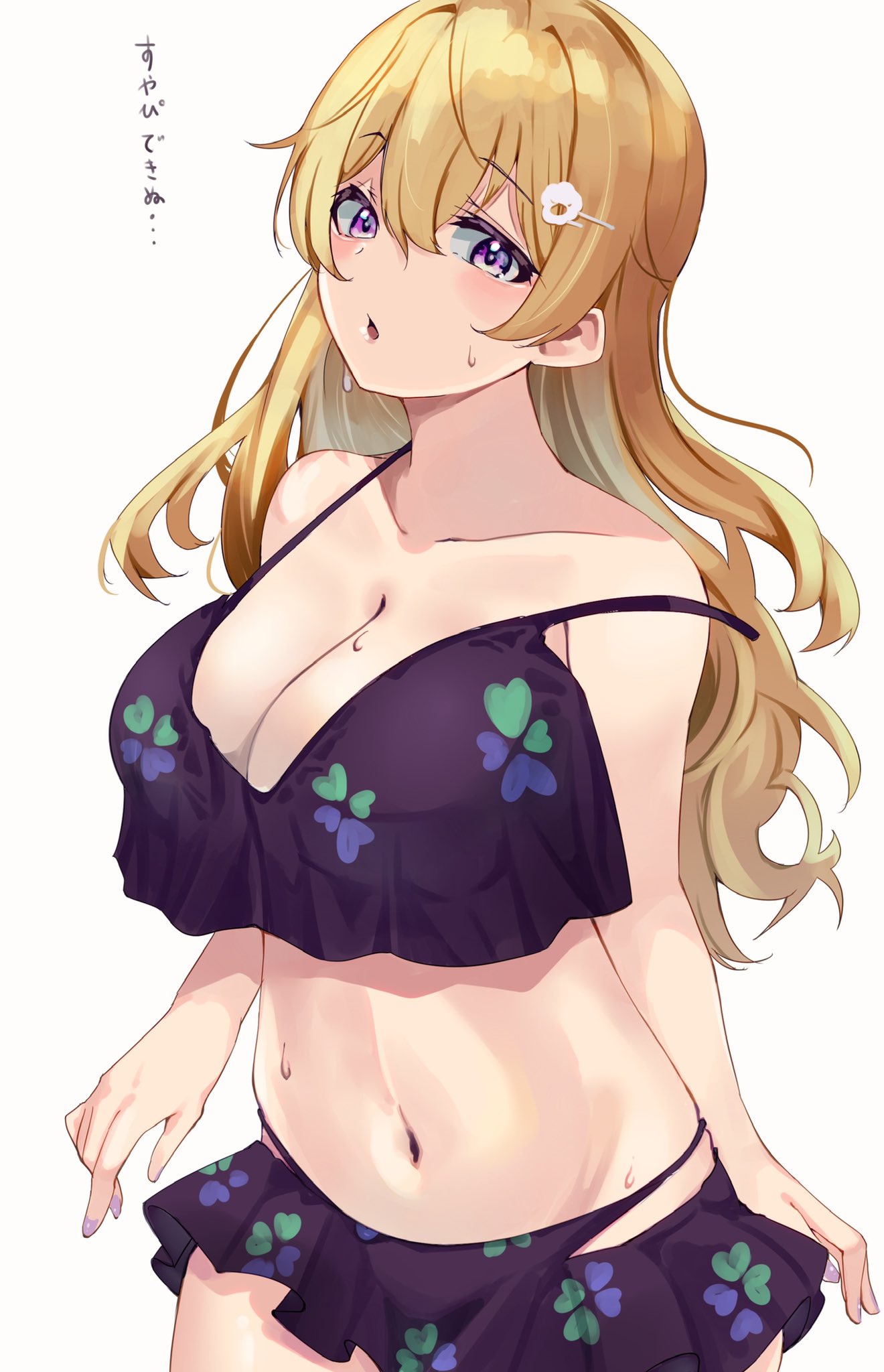 1girls, big breasts, breasts, brown hair, female, hairpin, huge breasts, konoe kanata, large breasts, light skin, light-skinned female, lingerie, looking at viewer, love live!, love live! nijigasaki high school idol club, purple eyes, simple background, solo, sweat, white background, yamasonson