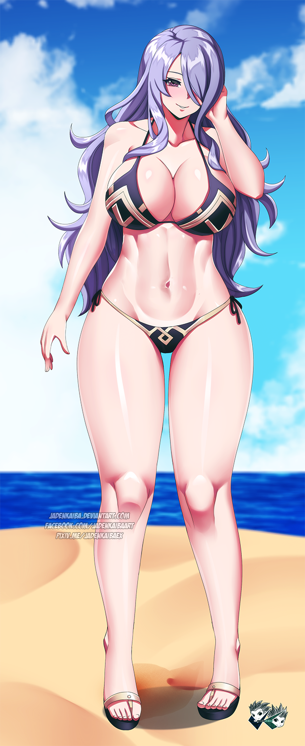 1girls, alternate costume, bare arms, bare legs, bare shoulders, beach, bikini, black bikini, black swimsuit, breasts, camilla (fire emblem), collarbone, female, female only, fire emblem, fire emblem fates, hair over one eye, jadenkaiba, large breasts, long hair, looking at viewer, nintendo, ocean, purple bikini, purple eyes, purple hair, purple swimsuit, sand, seaside, slight blush, smile, solo, swimsuit, very long hair, wavy hair
