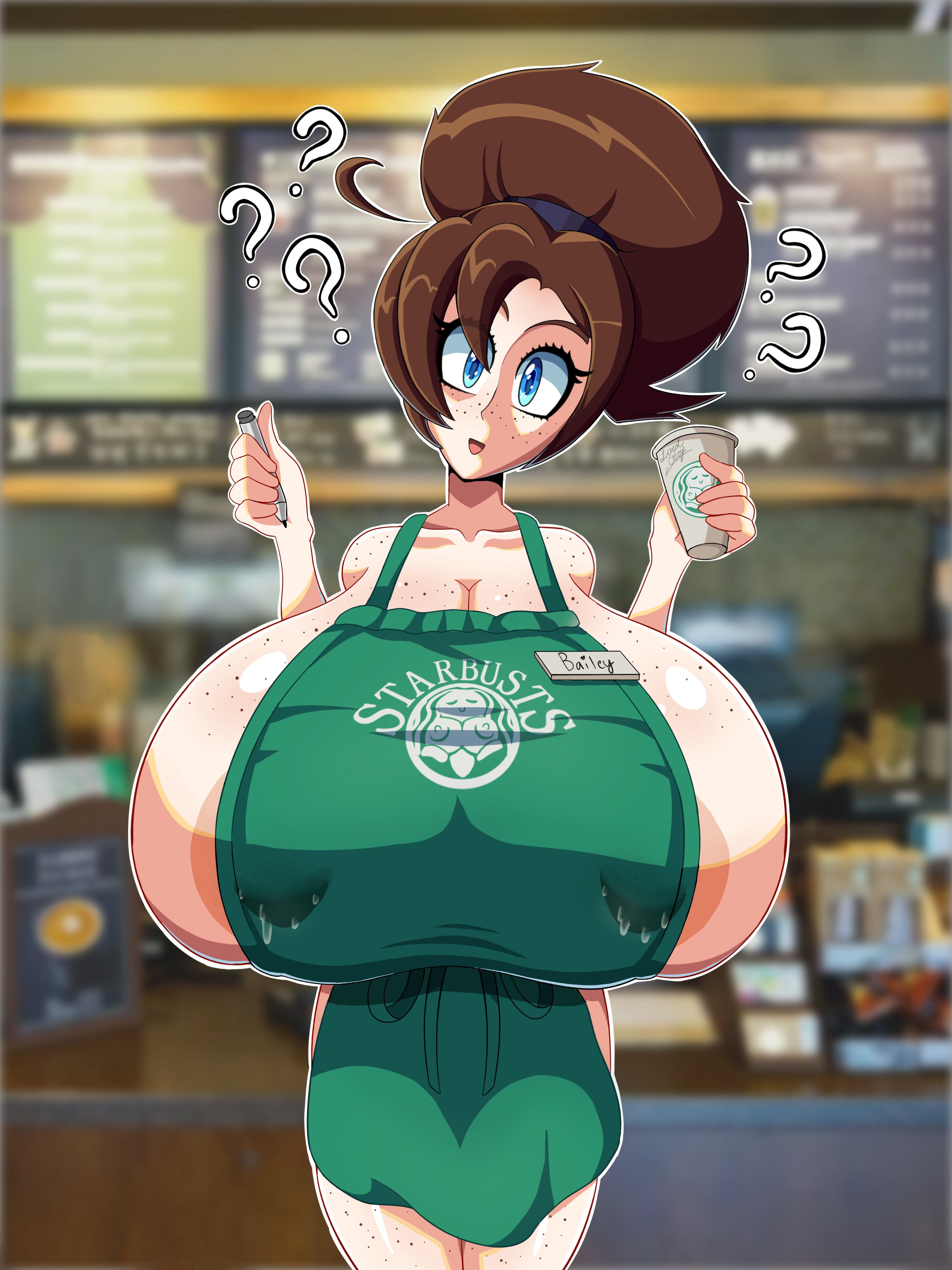 ?, 1girls, apron, bimbo, blue eyes, breasts, brown hair, female, freckles, gigantic breasts, huge breasts, iced latte with breast milk, light skin, light-skinned female, looking at viewer, lordoozy, mature female, meme, naked, naked apron, skinny, thin, voluptuous
