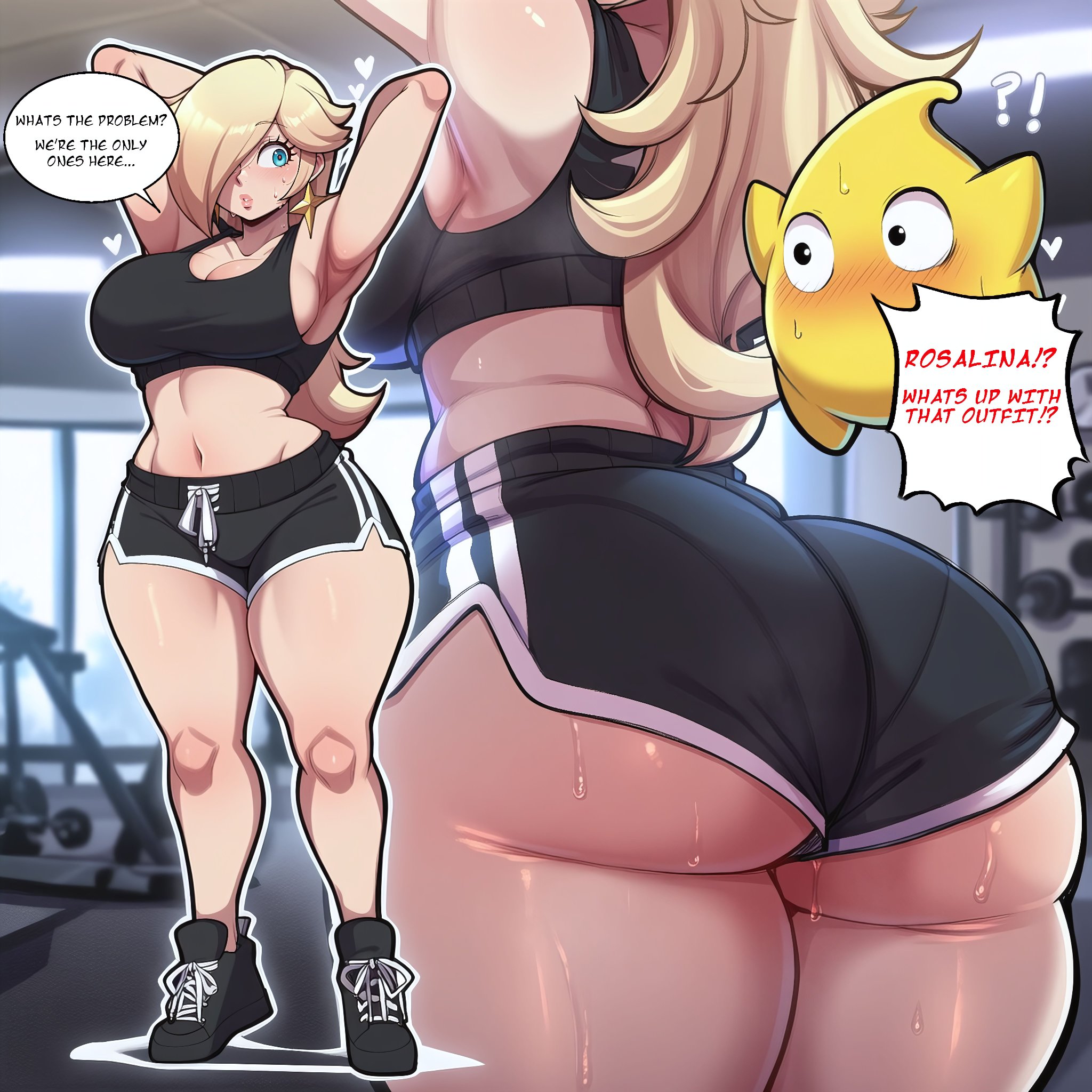 1girls, ai, ai art, ai generated, ass, ass focus, big breasts, blush, breasts, english, english text, female, gym, gym uniform, huge ass, huge breasts, indoors, light-skinned female, luma, nintendo, princess rosalina, size difference, super mario bros., super mario galaxy, surprised, sweat, sweating, sweaty, sweaty ass, sweaty body, text