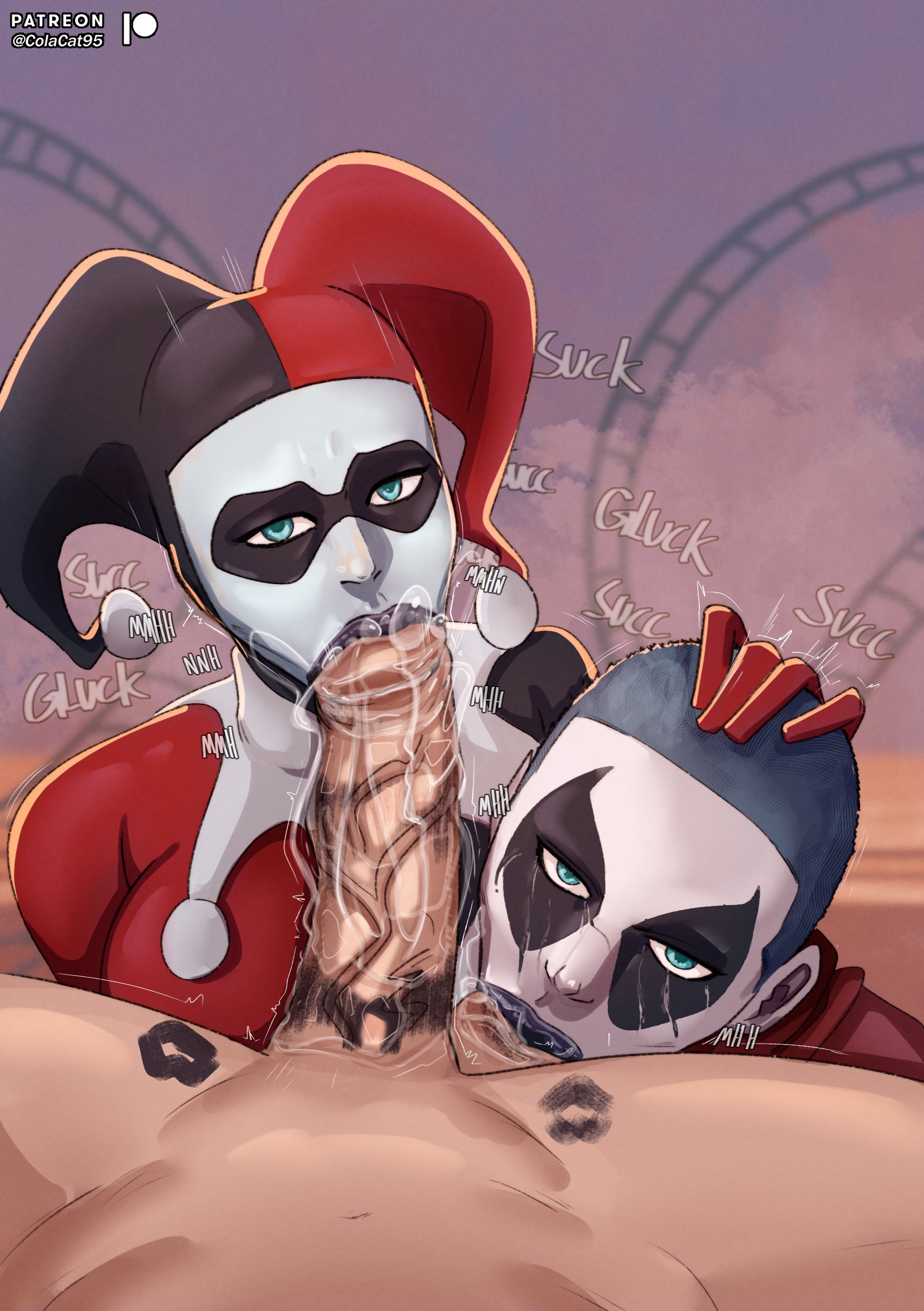 2d, 2girls, absolute dc, absolute harley quinn, alternate universe, bald female, balls, balls sucking, batman (series), blonde hair, blue eyes, clothed female nude male, colacat95, collaborative fellatio, color, dc, dc comics, deepthroat, deepthroat mark, double fellatio, fellatio, female, female focus, ffm threesome, first porn of character, full color, harley quinn, harley quinn (classic), kiss mark, lipstick mark, lipstick on penis, lipstick ring, male, male pov, multiple females, multiple girls, nude male, oral, oral sex, penis, pov, saliva, saliva drip, saliva on penis, saliva string, saliva trail, shaved head, short hair, sloppy blowjob, square crossover, straight, sucking, sucking balls, sucking penis, sucking testicles, tagme, teamwork, testicles, threesome, threesome blowjob, vein, veins, veiny penis