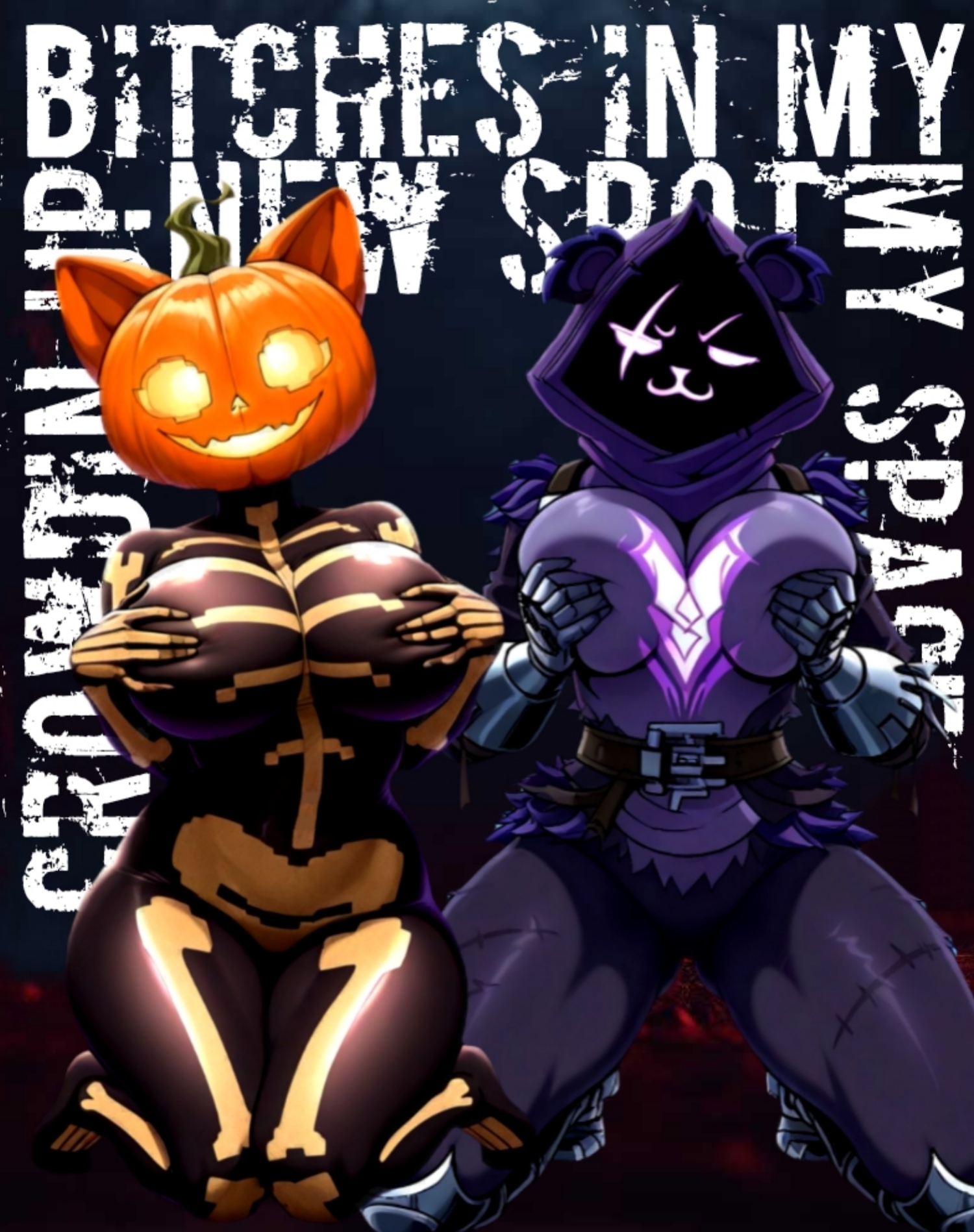 2girls, ai generated, big breasts, big thighs, breasts, edited, female, fortnite, hips, holding own breasts, pedrito5544, pose, raven team leader, sexy, spice (fortnite), text, thighs