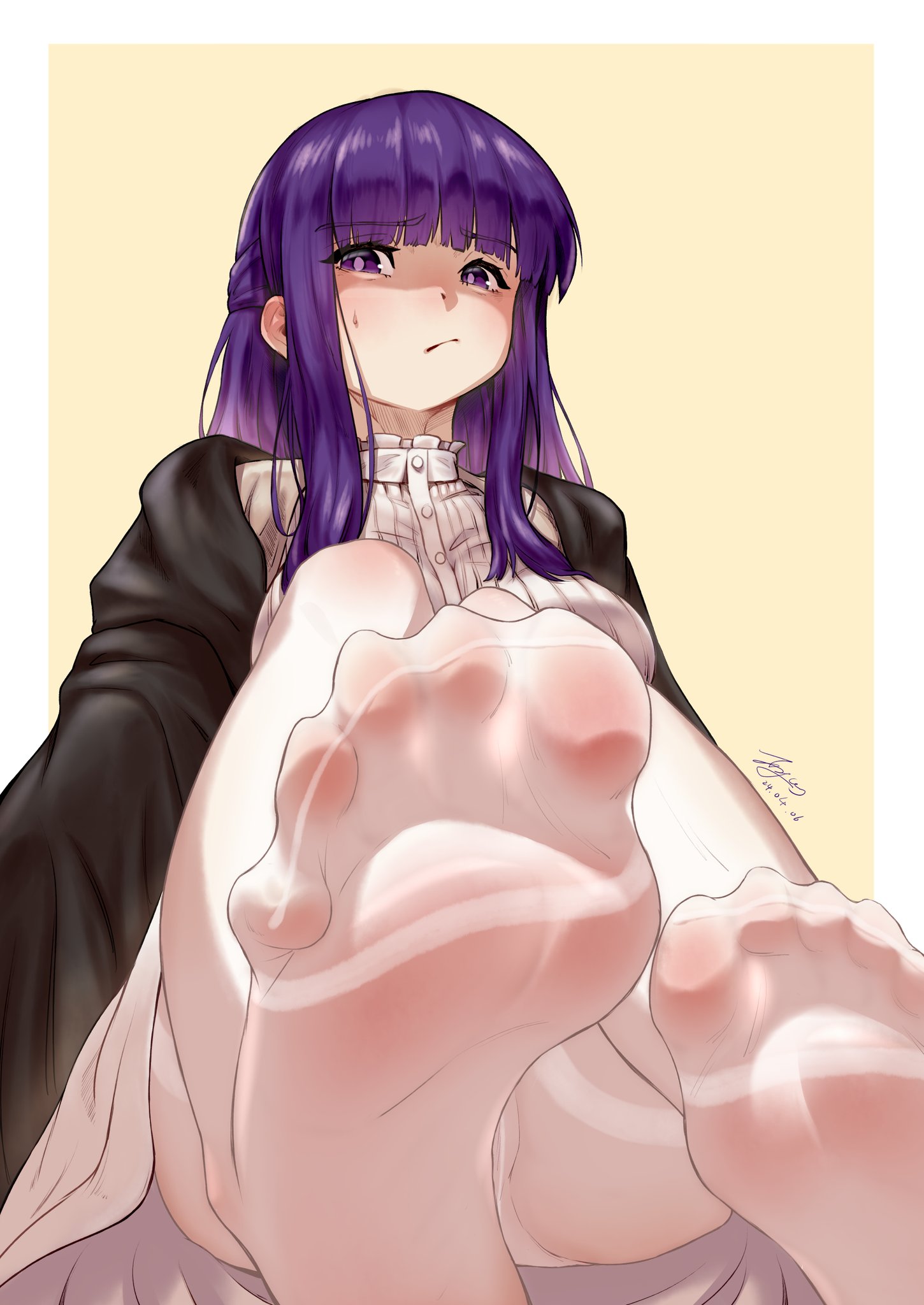 blush, feet, feet visible through clothing, female, fern (sousou no frieren), flamerush191, foot focus, panties, pantyhose, purple hair, soles, solo, solo female, sousou no frieren, spread toes, tights, toenails, toes, uncomfortable, upskirt