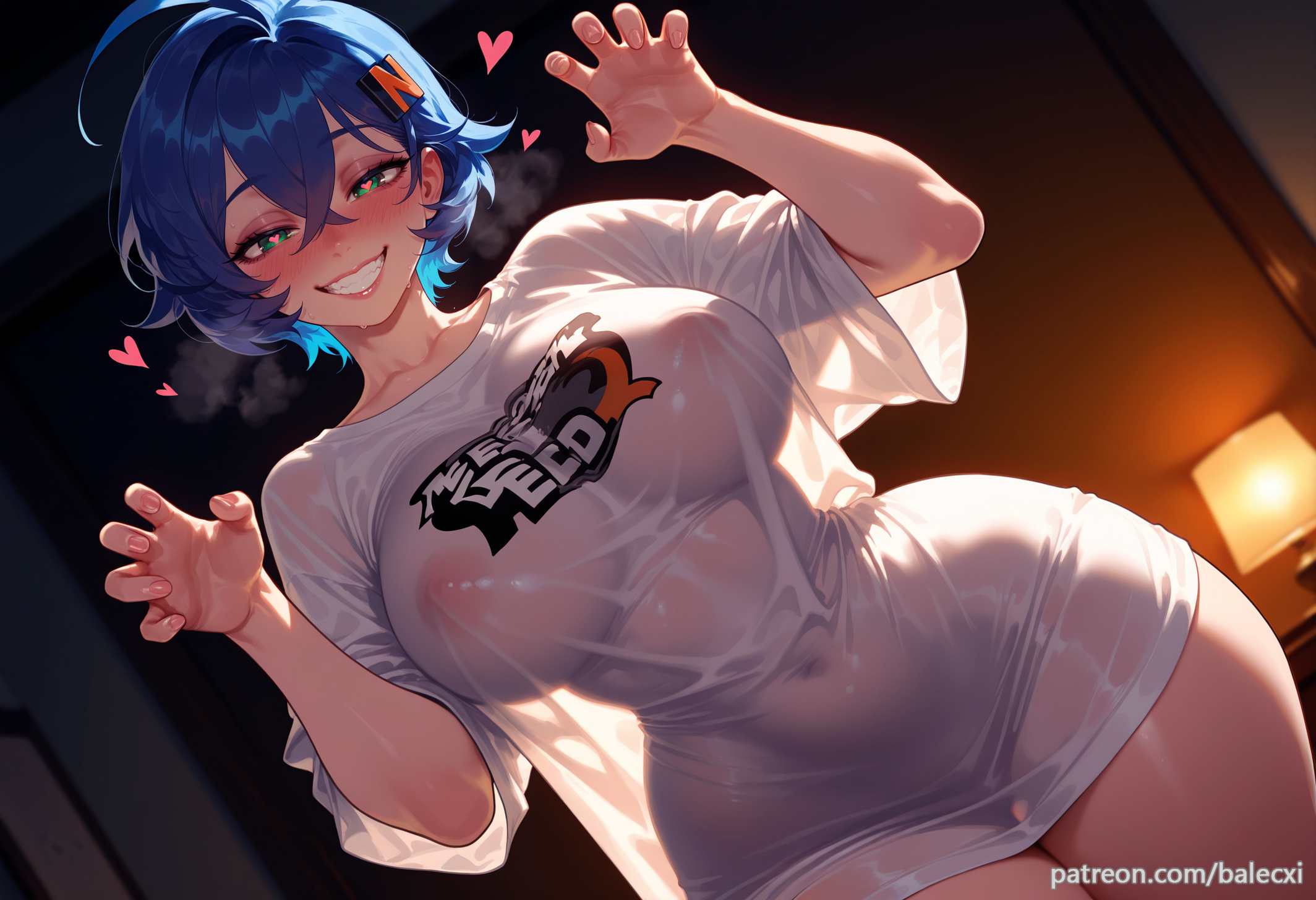 ahoge, ai generated, balecxi, belle (zenless zone zero), blue hair, blush, breasts, claw pose, covered navel, covered nipples, dutch angle, female, green eyes, grin, hair between eyes, hair ornament, heart, large breasts, looking at viewer, naked shirt, nipples visible through clothing, patreon username, see-through, short hair, smile, solo, symbol-shaped pupils, thighs, white shirt, zenless zone zero