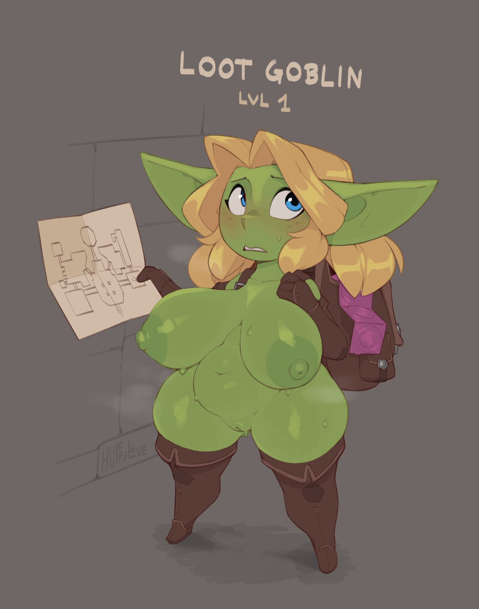 backpack, bag, big ass, blonde hair, blue eyes, blush, boots only, breasts, casual, chubby, chubby female, dungeon, female, footwear, goblin, goblin female, green areola, green nipples, green skin, handwear, handwear and footwear only, huffslove, large breasts, long ears, long hair, looking to the side, looking up, map, midget, monster girl, naked footwear, nonsexual, nonsexual nudity, nude, nude female, original, pointy ears, puffy nipples, pussy, shortstack, shy, sidelocks, sweatdrop, sweating, syllia (huffslove), thick thighs, wide hips