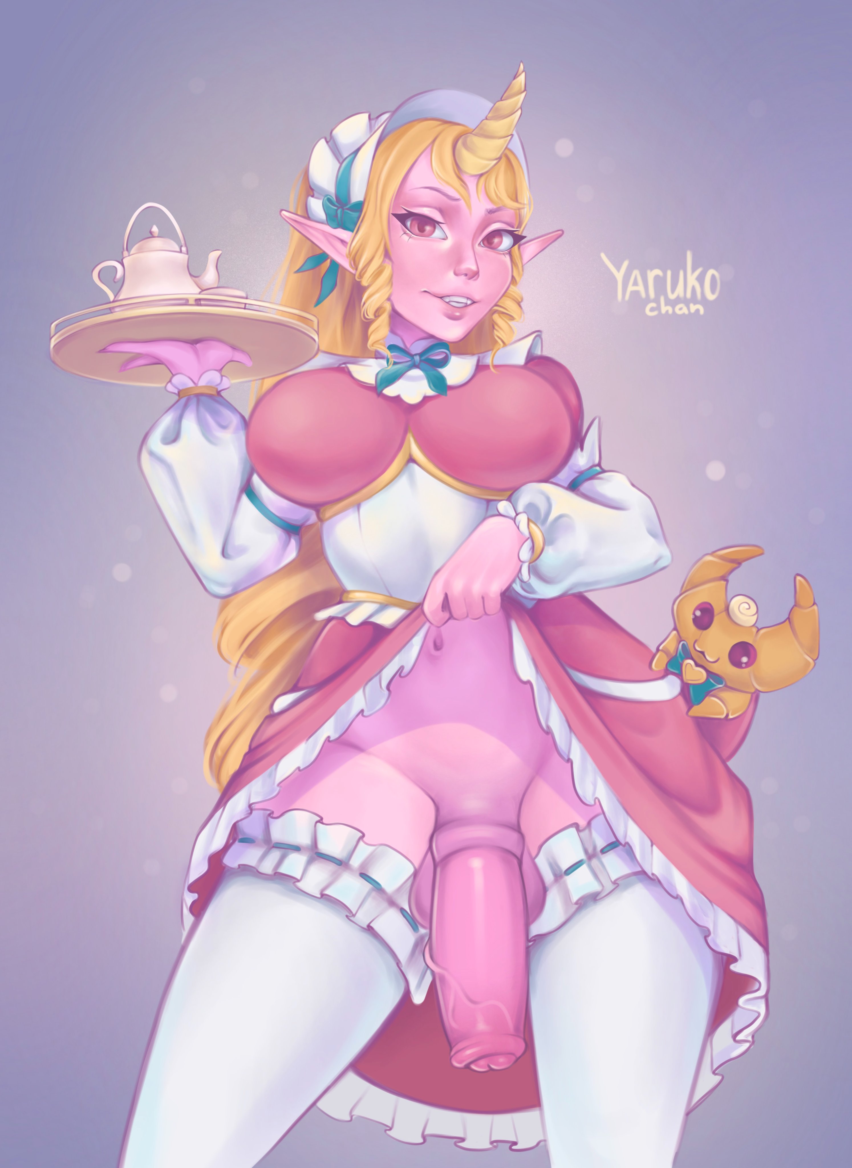 1futa, animal genitalia on humanoid, animal penis on humanoid, cafe cutie soraka, cafe cuties series, celestial (league of legends), dress lift, futanari, goat, horsecock, horsecock futa, horsecock on humanoid, intersex, league of legends, maid uniform, penis, skirt lift, solo, solo futa, soraka, thighhighs, yarukochan