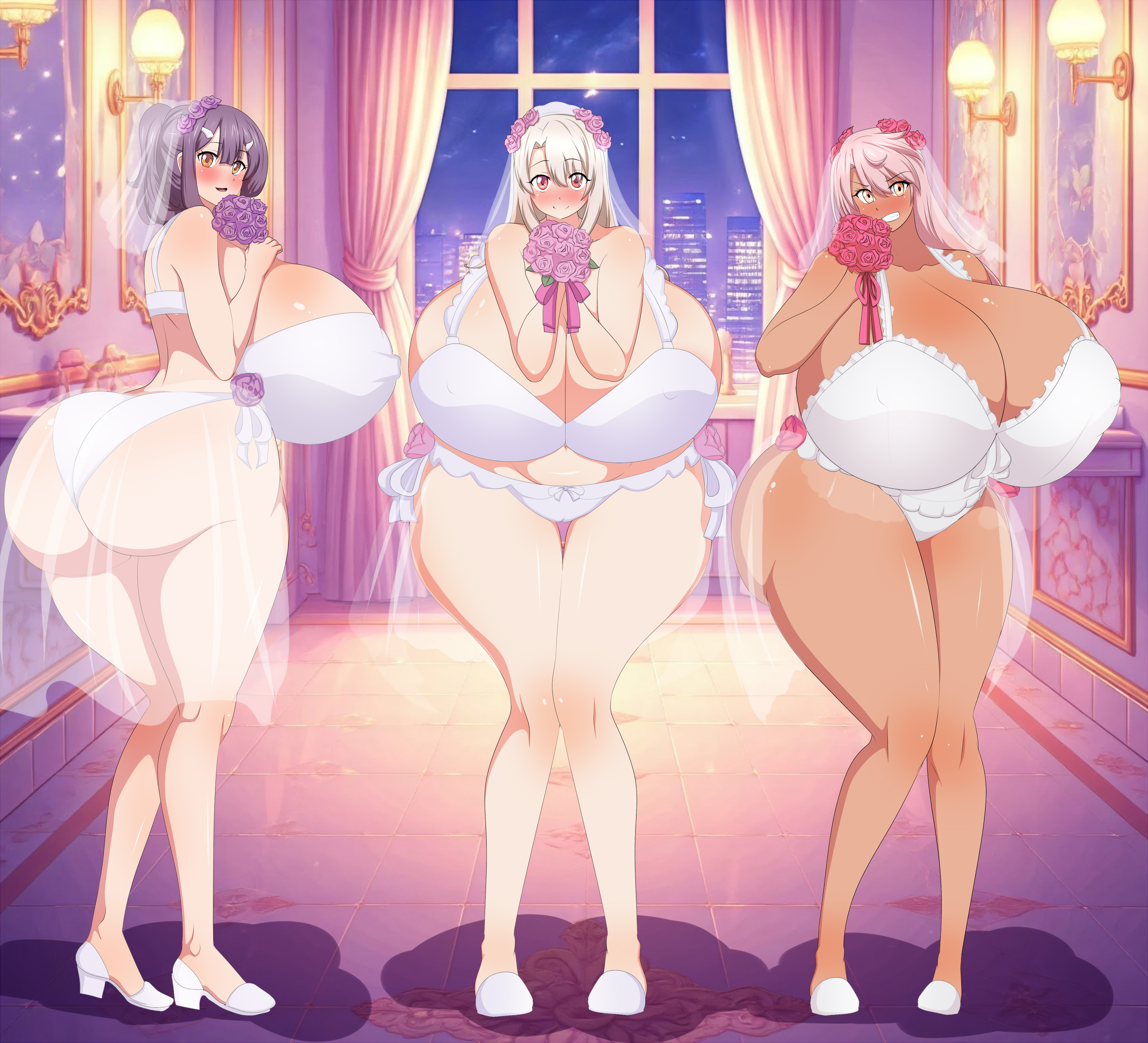 3girls, aged up, alternate ass size, alternate body type, alternate breast size, ass, ass bigger than head, ass focus, breasts, breasts bigger than head, chloe von einzbern, dark-skinned female, ed-jim, fate (series), fate/kaleid liner prisma illya, female, female only, gigantic ass, gigantic breasts, huge ass, huge breasts, illyasviel von einzbern, light-skinned female, long legs, miyu edelfelt, multiple females, multiple girls, thick thighs, thighs, wedding dress