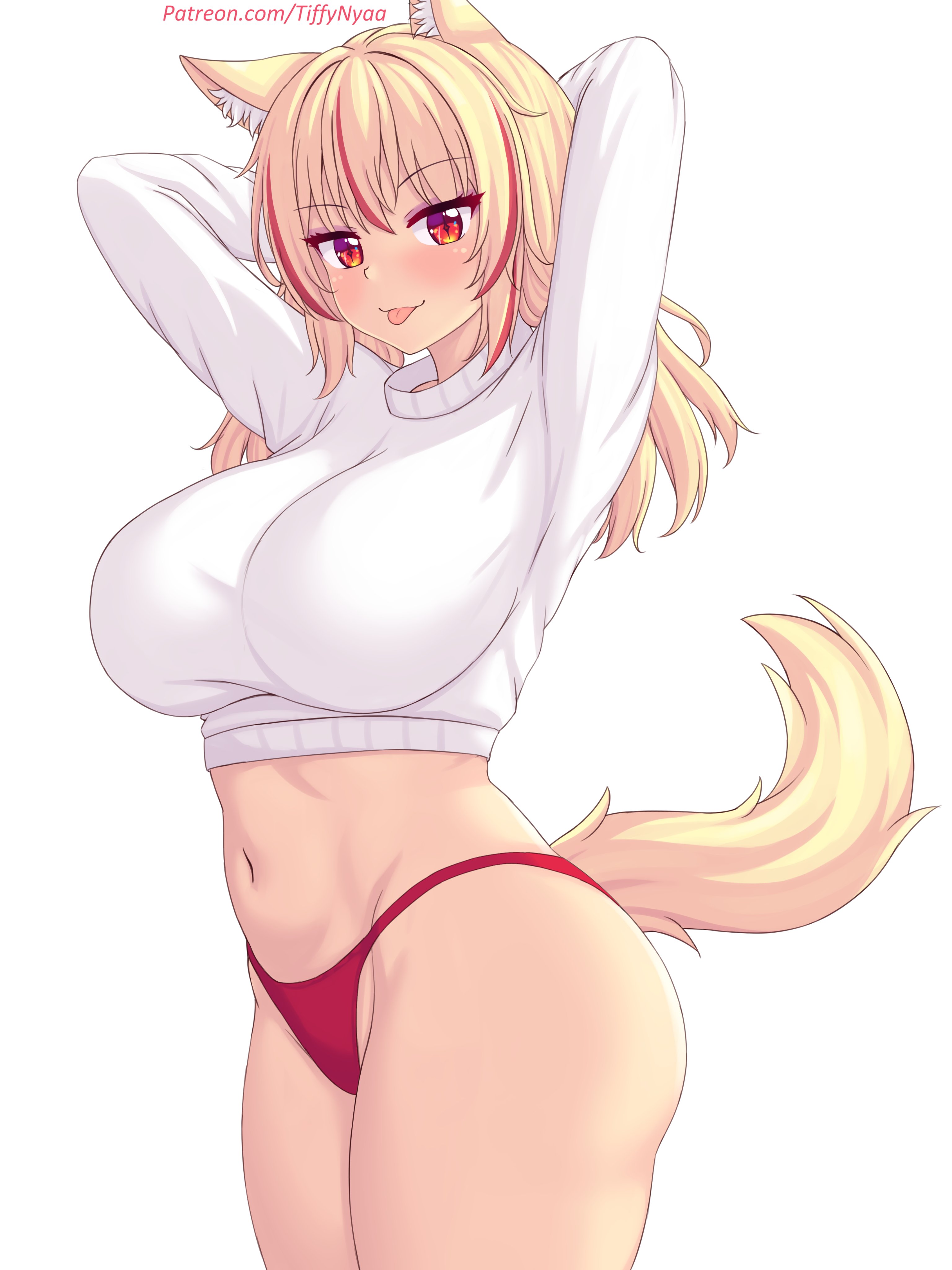 :3, 1girls, big thighs, blonde hair, cat ears, cat girl, cat tail, catgirl, crop top, female, huge thighs, long hair, looking at viewer, nottytiffy, original, patreon, patreon username, red eyes, red highlights, simple background, thong, tiffy, tiffynyaa, tongue, tongue out, twintails, white background