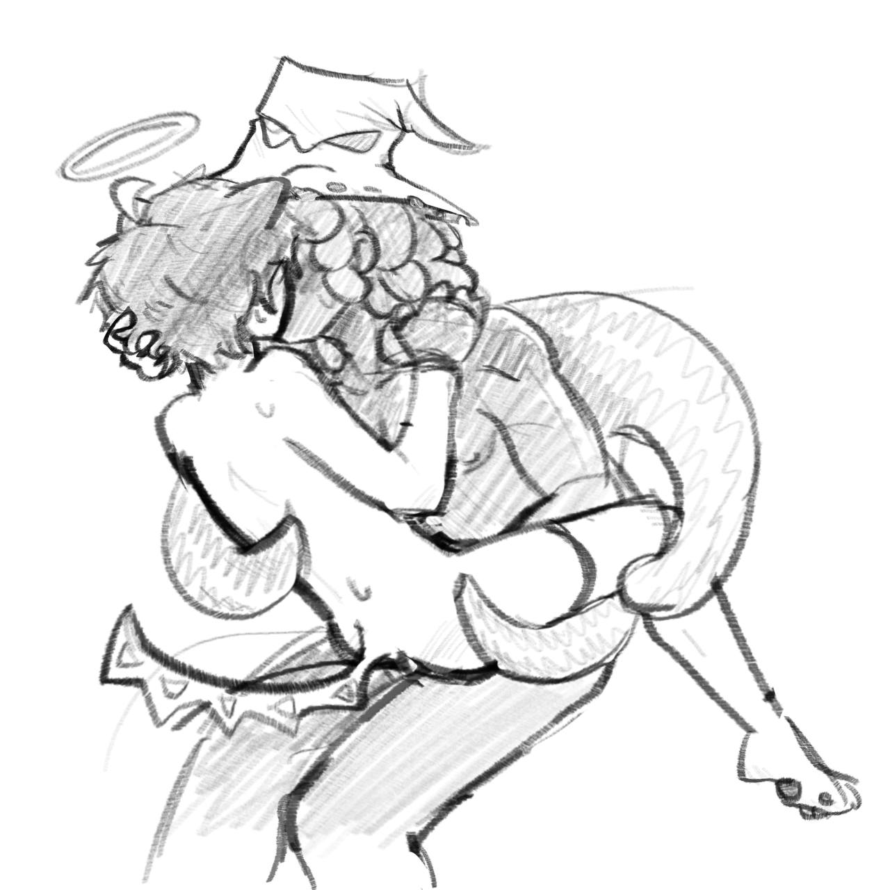 1boy, 1other, 2025, 2d, 2d (artwork), 2d artwork, ambiguous gender, azure (forsaken), blush, blush lines, curly hair, face on a hat, fingerless gloves, forsaken (roblox), from behind angle, gdz, grayscale, halo, hand in partner's hair, hand on partner's head, hand on partner's shoulder, implied sex, kissing, male, messy hair, naked male, nude male, partially clothed, paws, roblox, roblox game, robloxian, short hair, sitting, sitting on lap, sitting on person, sweat drops, sweatdrops, sweating, sweaty, tentacle around body, tentacle around thigh, tentacles, tentacles from body, thighhighs, two time, unique tail, video game, video game character, video games, wizard hat