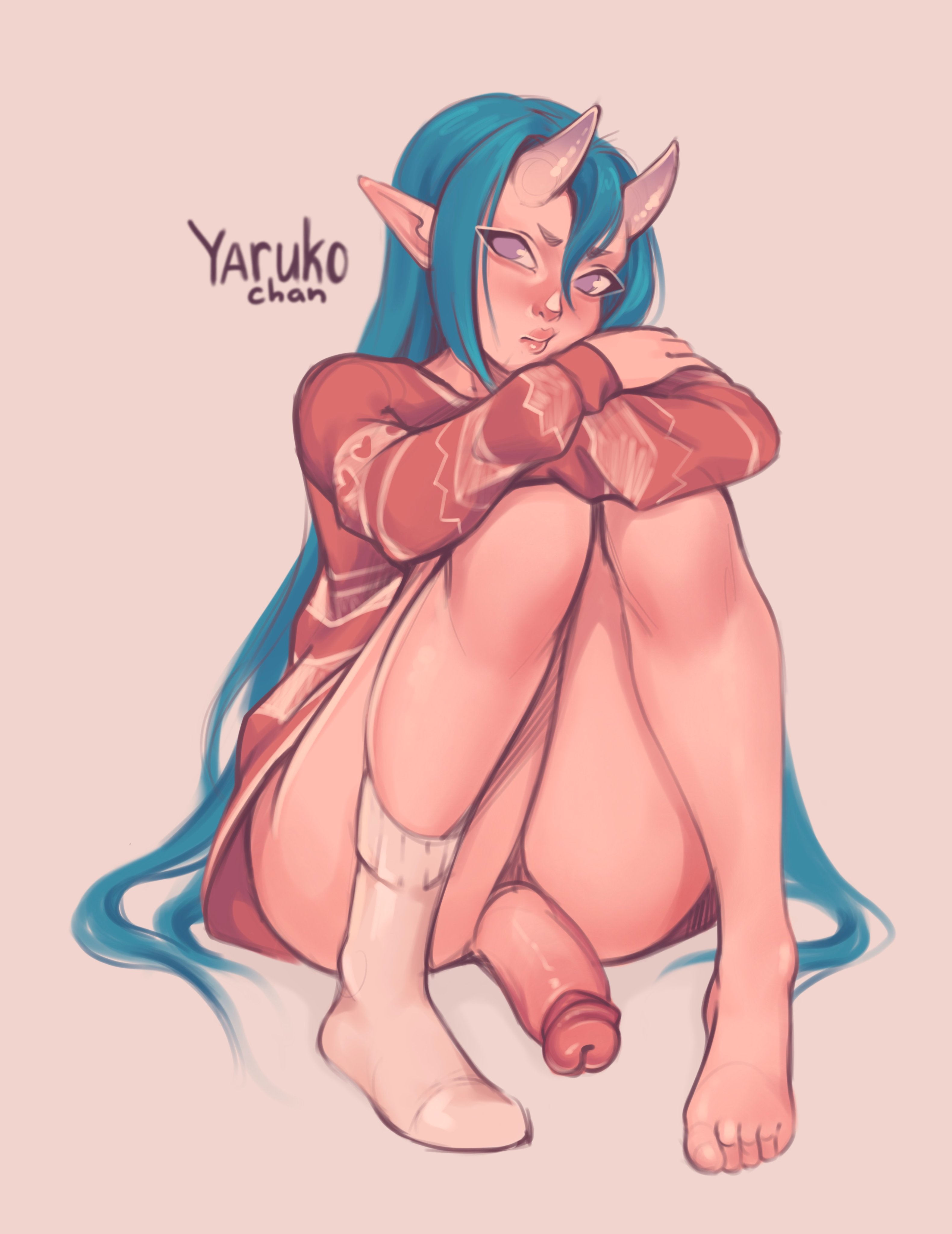 bottomless, futanari, horns, intersex, solo, solo futa, sweater, yarukochan
